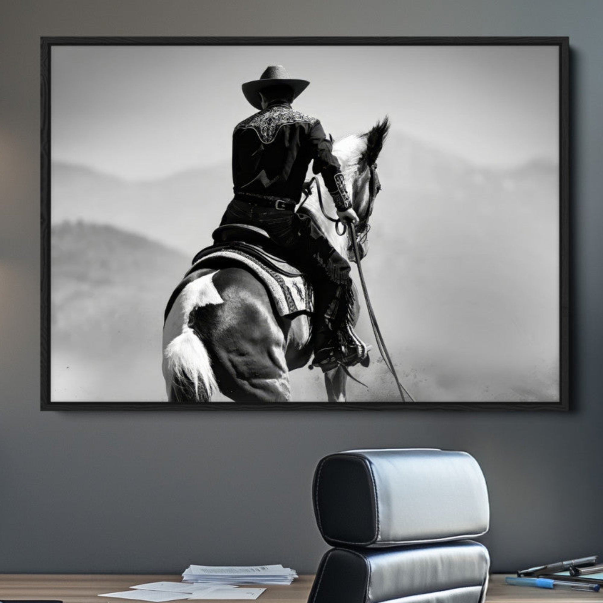 83102464-MGV-CV-36X24-Western Wall Art Canvas Print – Framed Cowboy and Horse Scene Artwork for Rustic Western Home, Office Decor