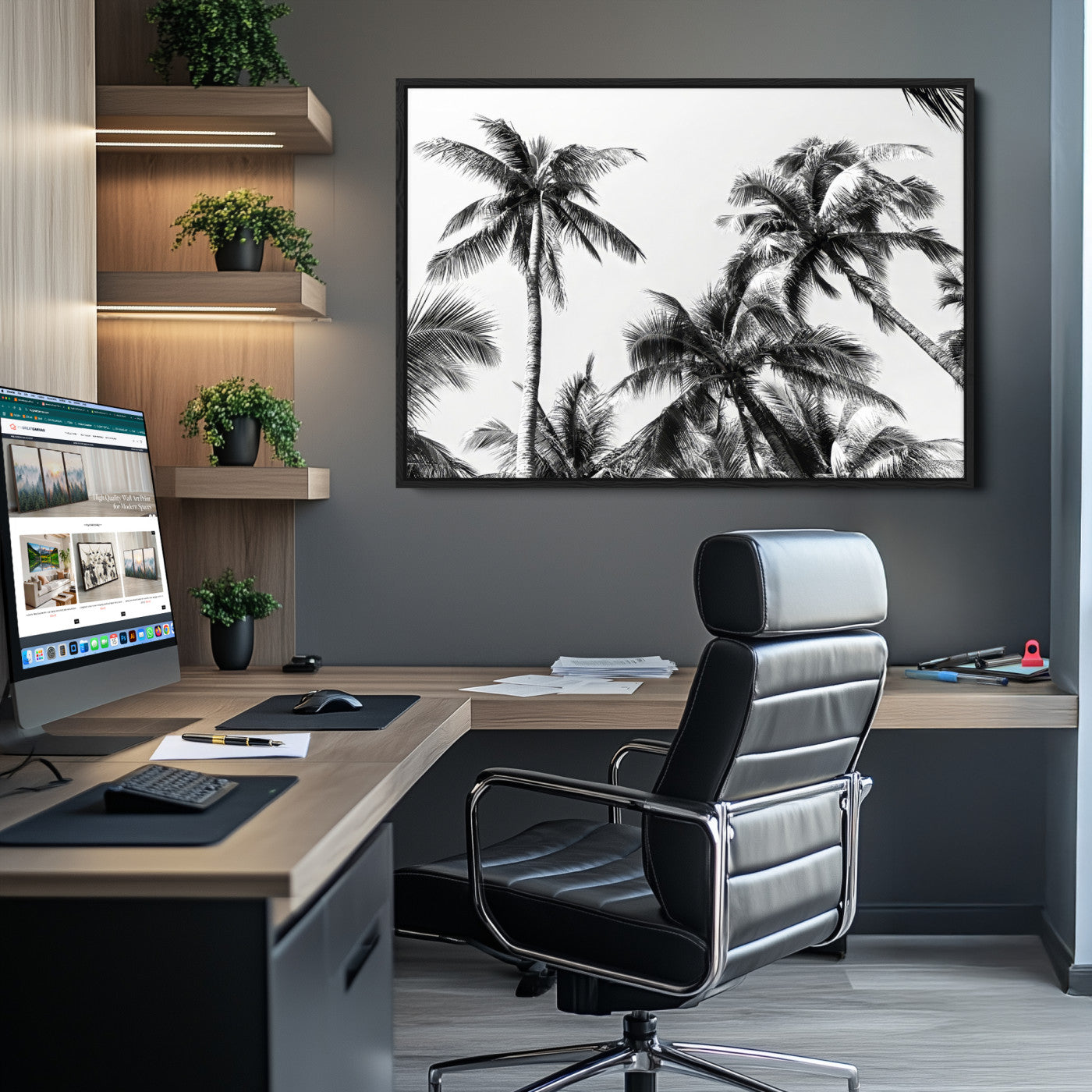 -Palm Wall Art Canvas Print, Framed Tropics Art Picture Print, Monochrome Perfect Minimalist Decor