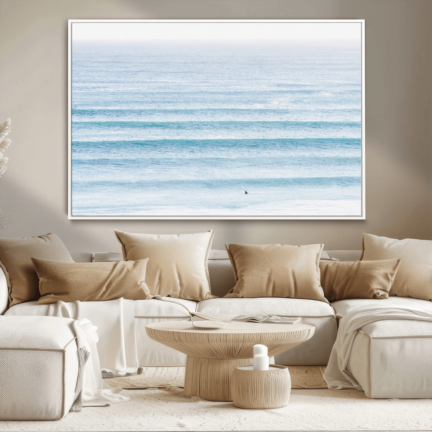 MGV-FC-36X24 - Ocean Simplicity Wall Art Canvas Print, Framed Surfer on Water Art Picture Print, Light Blue Perfect Coastal Minimalist Decor Artwork