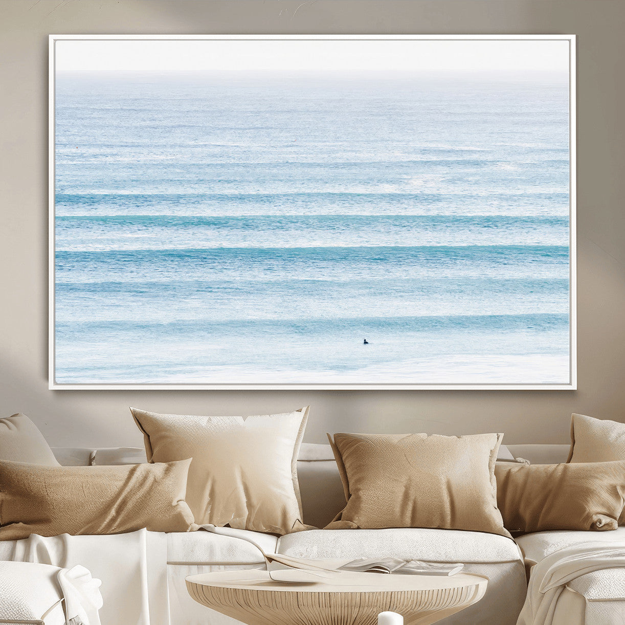 77145995-MGV-CV-36X24-Ocean Wave Surfer Wall Art – Framed Minimal Seascape Canvas Artwork, Calm Blue Water Design, Coastal Decor for Home, Office
