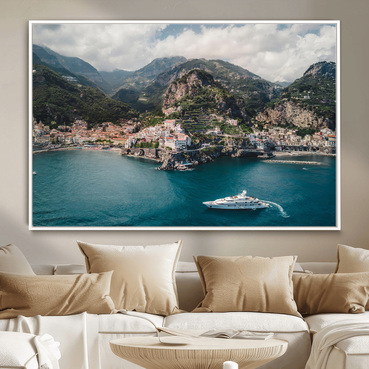 20321590-MGV-CV-36X24-Amalfi Coast Wall Art – Framed Italian Seaside Canvas Artwork, Mediterranean Landscape Design, Coastal Decor for Home, Office