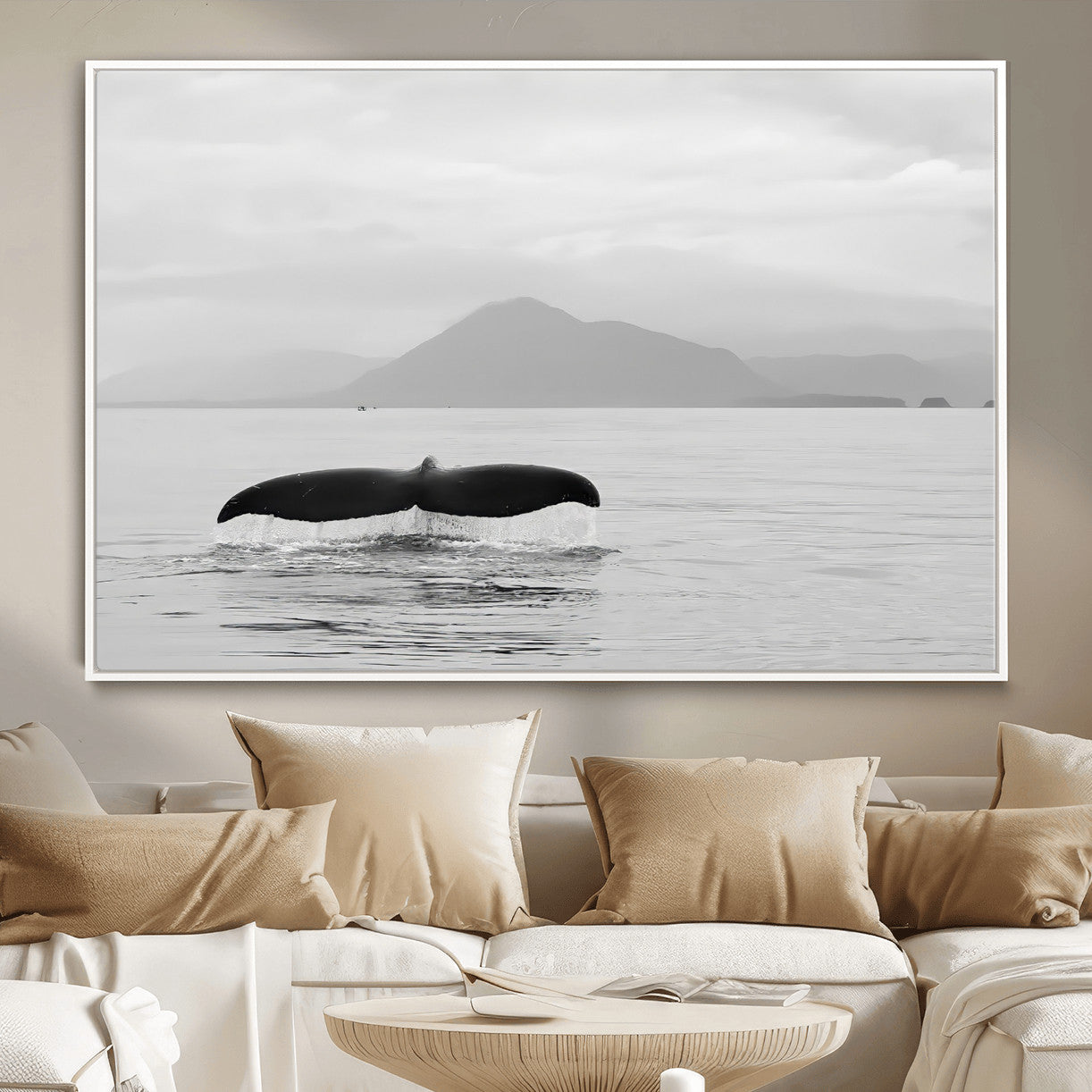 MGV-FC-36X24 - Whale Tail Wall Art Canvas Print, Framed Black White Ocean Art Picture Print, Calm Marine Perfect Minimalist Coastal Decor Artwork