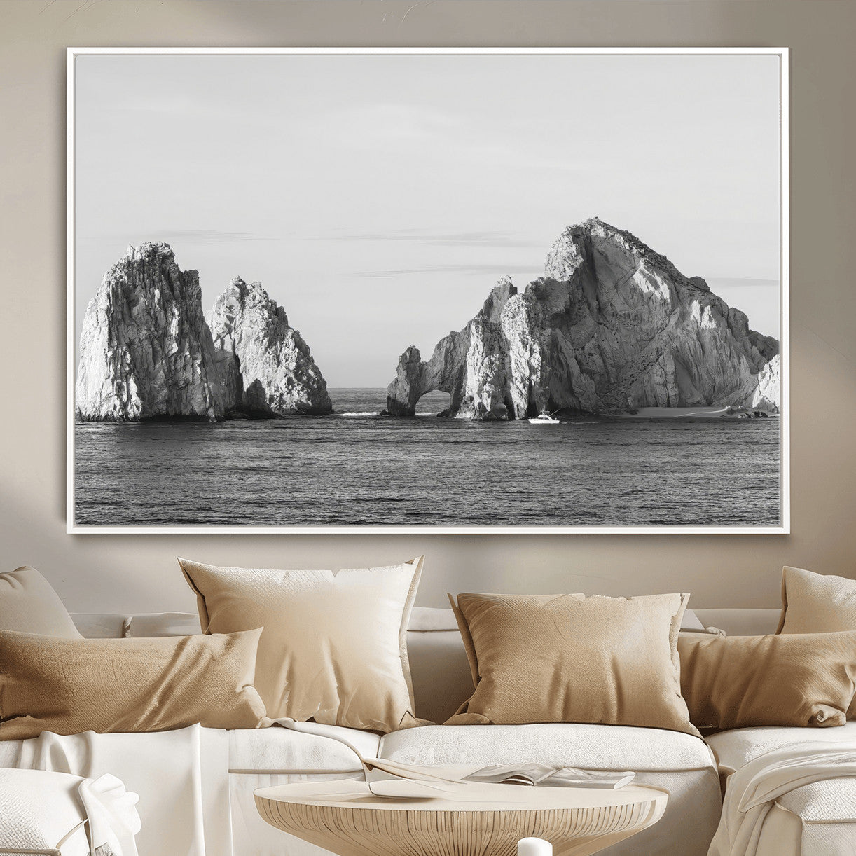 MGV-FC-36X24 - Rugged Coastline Wall Art Canvas Print, Framed Ocean Cliffs Art Picture Print, Monochrome Seascape Perfect Coastal Minimalist Decor Artwork