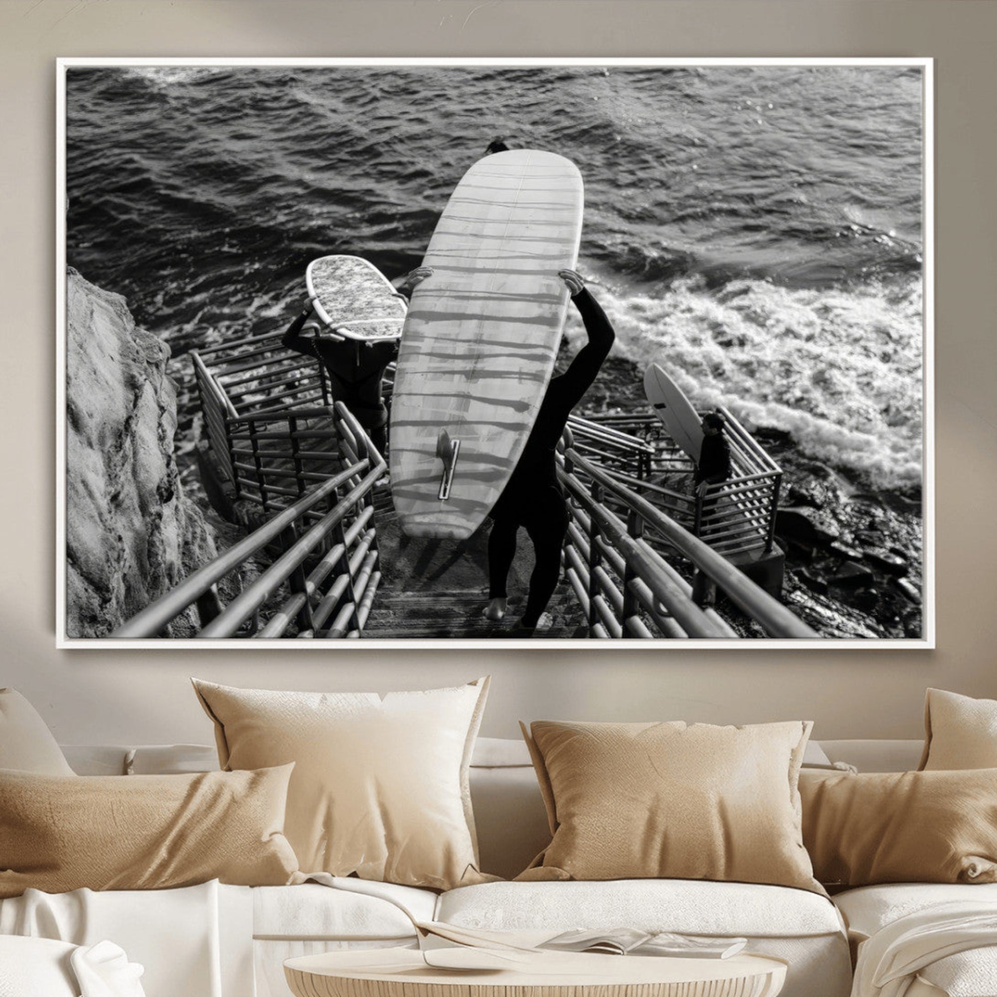 32353707-MGV-CV-36X24-Black White Surfing Wall Art Canvas Print – Framed Coastal Surfing Art Picture Wave Riders Artwork for Home, Office