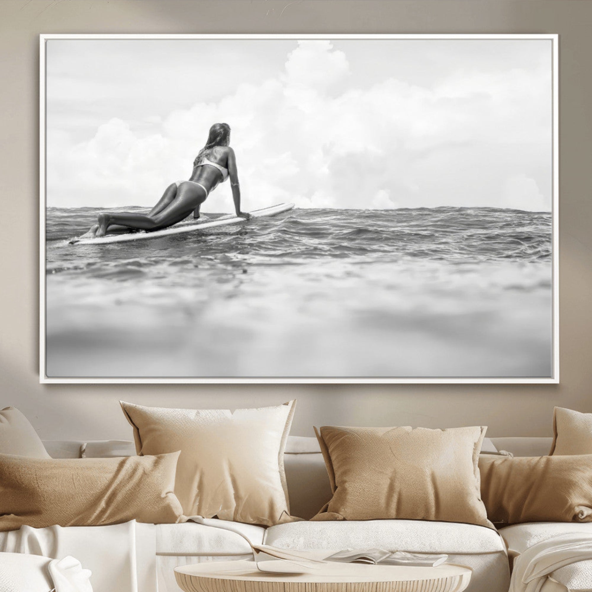 69798068-MGV-CV-36X24-Black White Surfing Wall Art Canvas Print – Framed Ocean Horizon Art Picture Surfer Girl Artwork for Home, Office