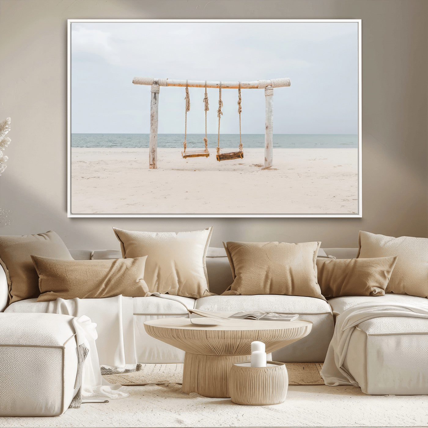 -Beach Swing Wall Art Canvas Print – Framed Quiet Beach Art Picture Calm Shoreline Artwork for Home, Office