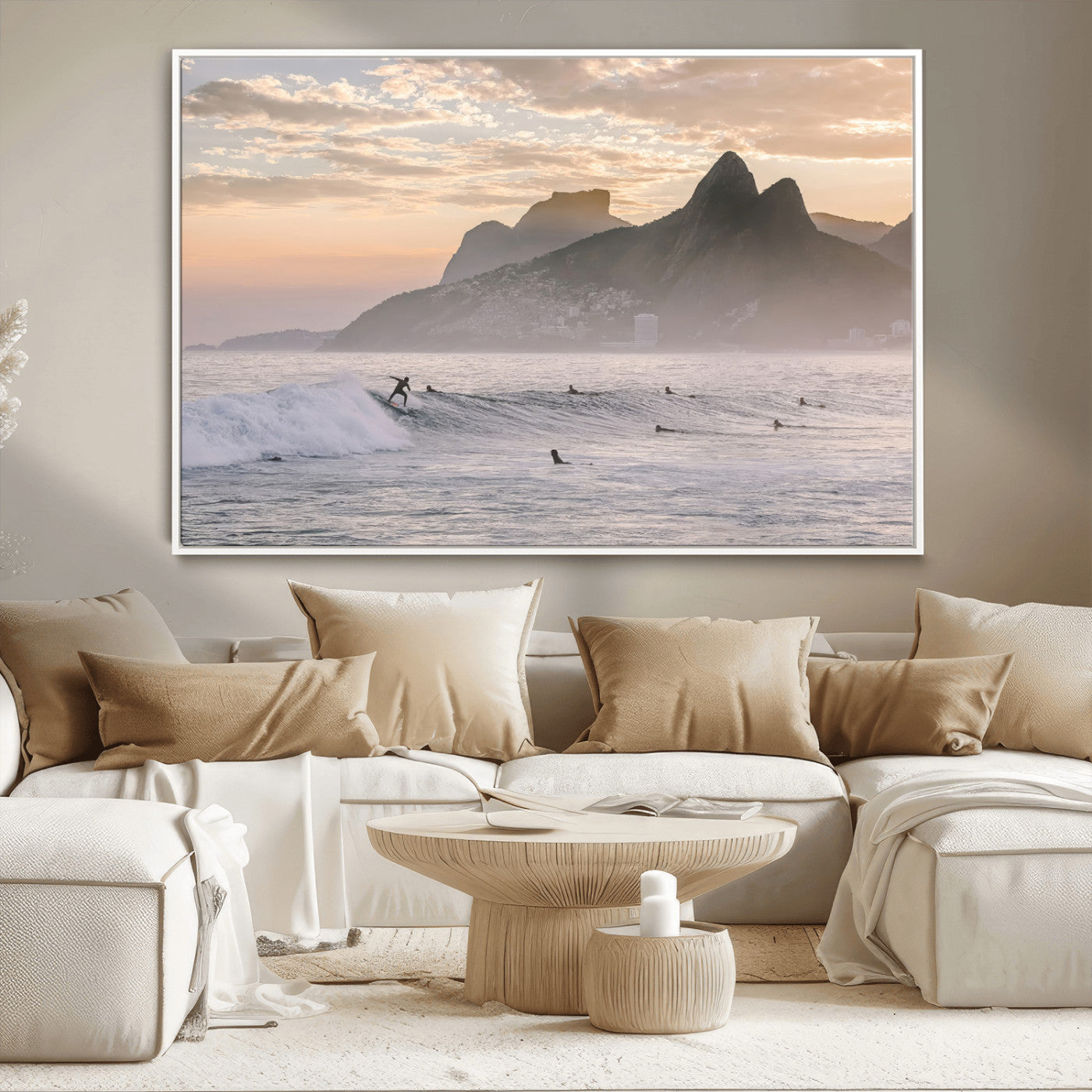 -Sunset Surfing Wall Art Canvas Print – Framed Misty Mountains with Surfer Riding Wave Artwork for Home, Office