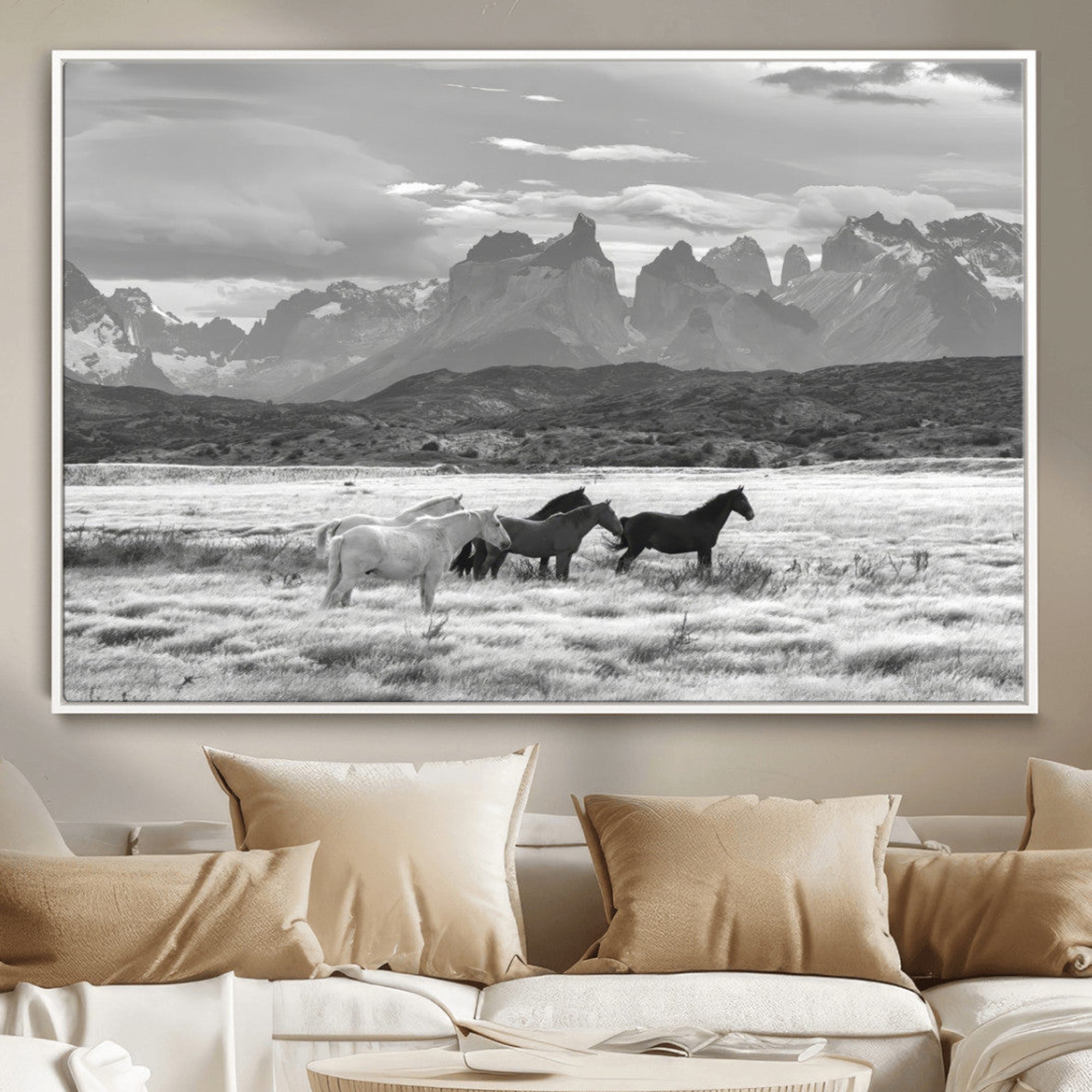 -Wild Horses Wall Art Canvas Print – Framed Black and White Mountain Scene Rustic Artwork for Home, Office