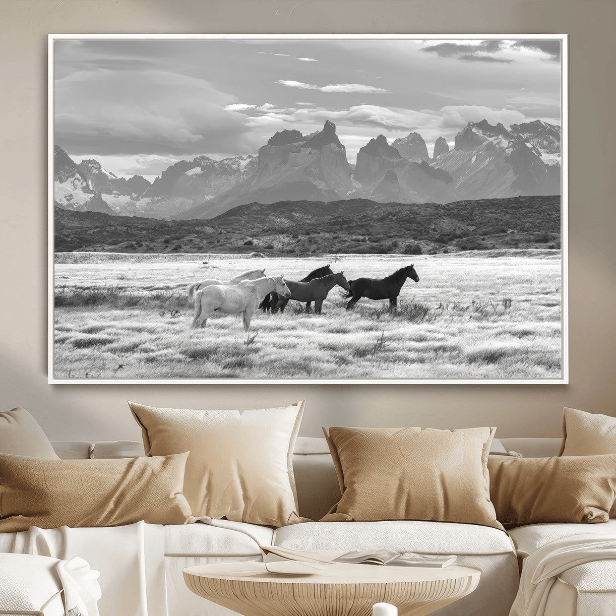 MGV-FC-36X24 - Wild Horses Wall Art Canvas Print, Framed Black White Mountains Art Picture Print, Rustic Countryside Perfect Rustic Western Decor Artwork