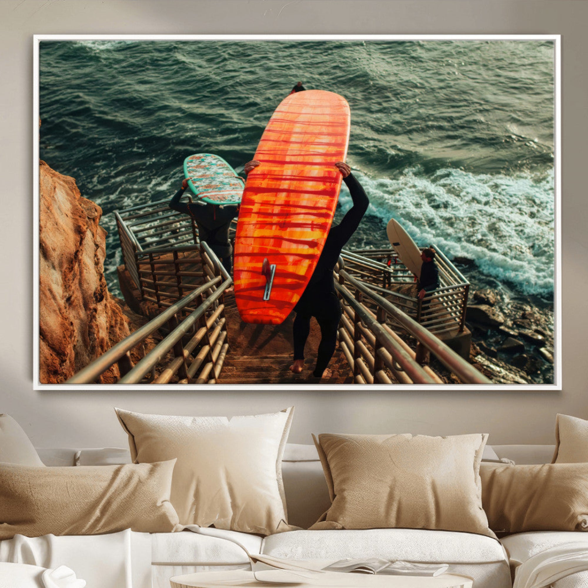 87750525-MGV-CV-36X24-Surfer Stairway Wall Art Canvas Print – Framed Ocean Surf Art Picture Sunset Coastal Artwork for Home Office