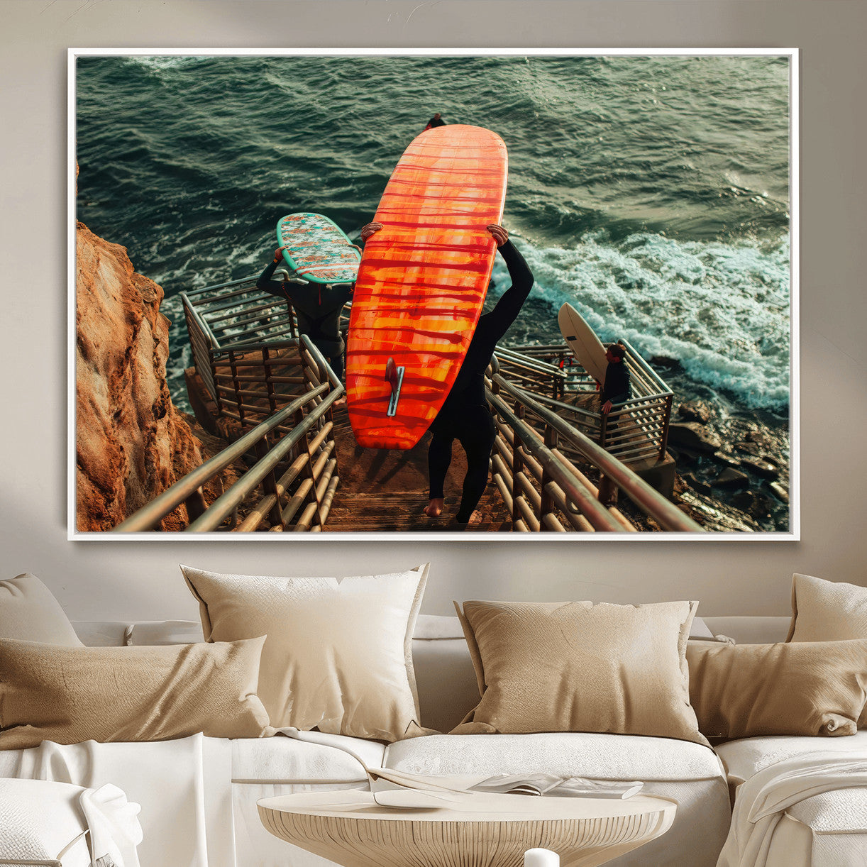 MGV-FC-36X24 - Surfer Stairway Wall Art Canvas Print, Framed Ocean Surf Art Picture Print, Sunset Coastal Perfect Coastal Adventure Decor Artwork