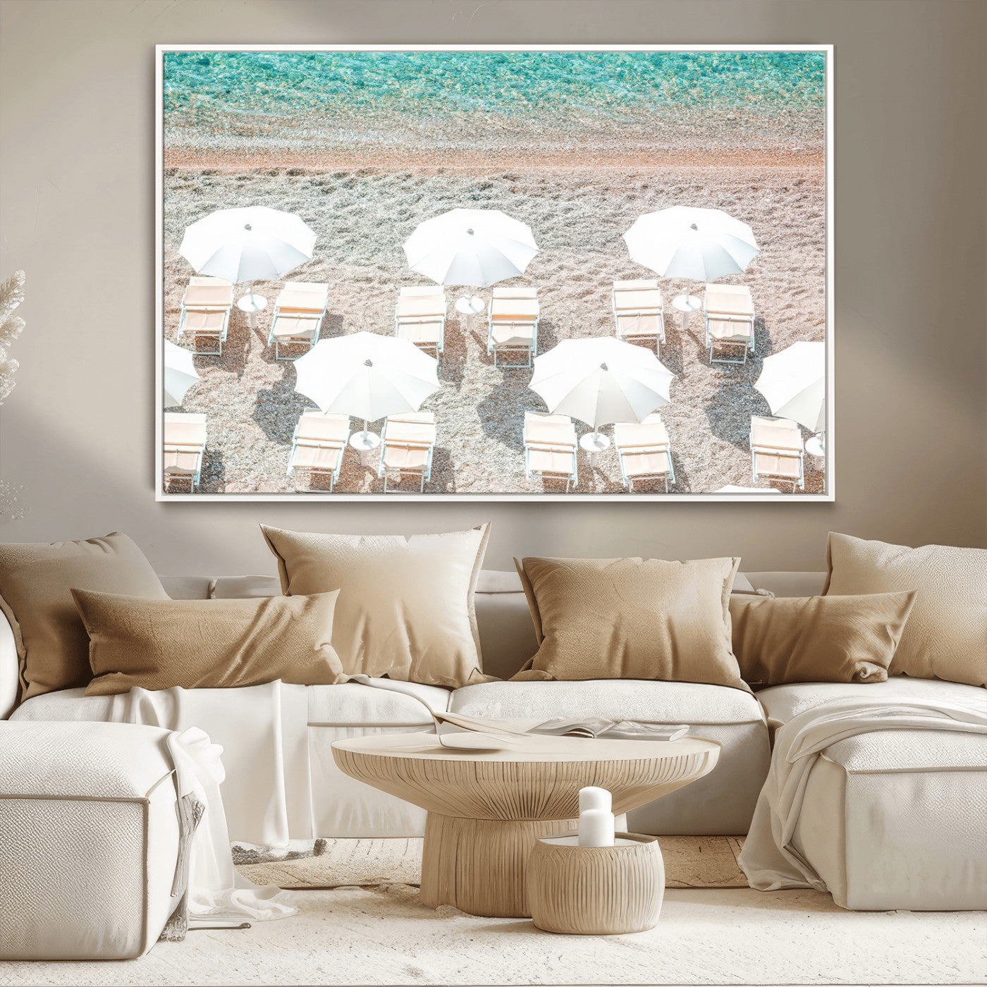 MGV-FC-36X24 - Calm Beach Wall Art Canvas Print, Framed Turquoise Water Art Picture Print, Umbrella Shoreline Perfect Coastal Minimalist Decor Artwork