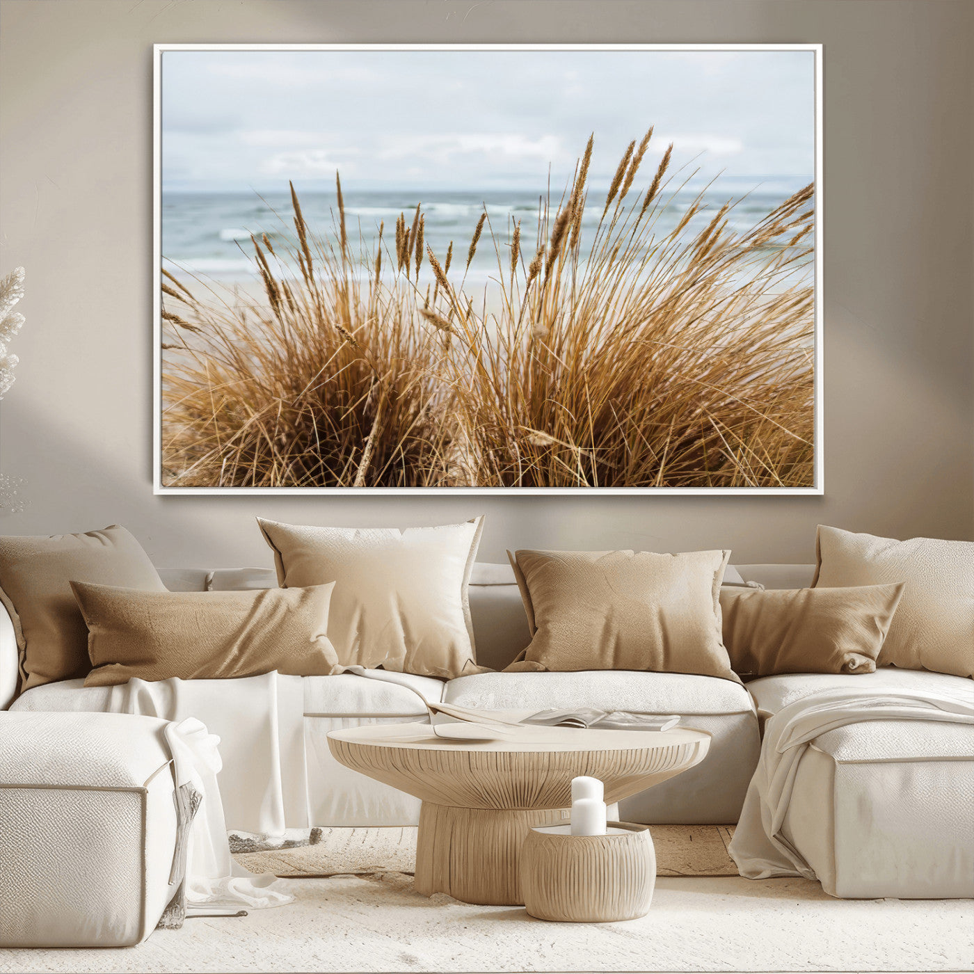 14270839-MGV-CV-36X24-Beach Grass Wall Art – Framed Coastal Dunes Canvas Artwork, Minimal Seaside Design, Modern Coastal Decor for Home, Office