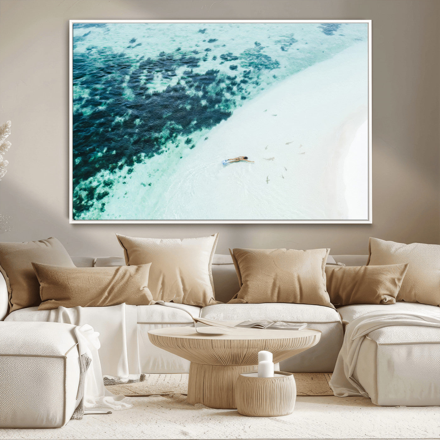 33764764-MGV-CV-36X24-Minimal Beach Wall Art – Framed Ocean Swimming Canvas Artwork, Clear Blue Sea Design, Modern Coastal Decor for Home, Office