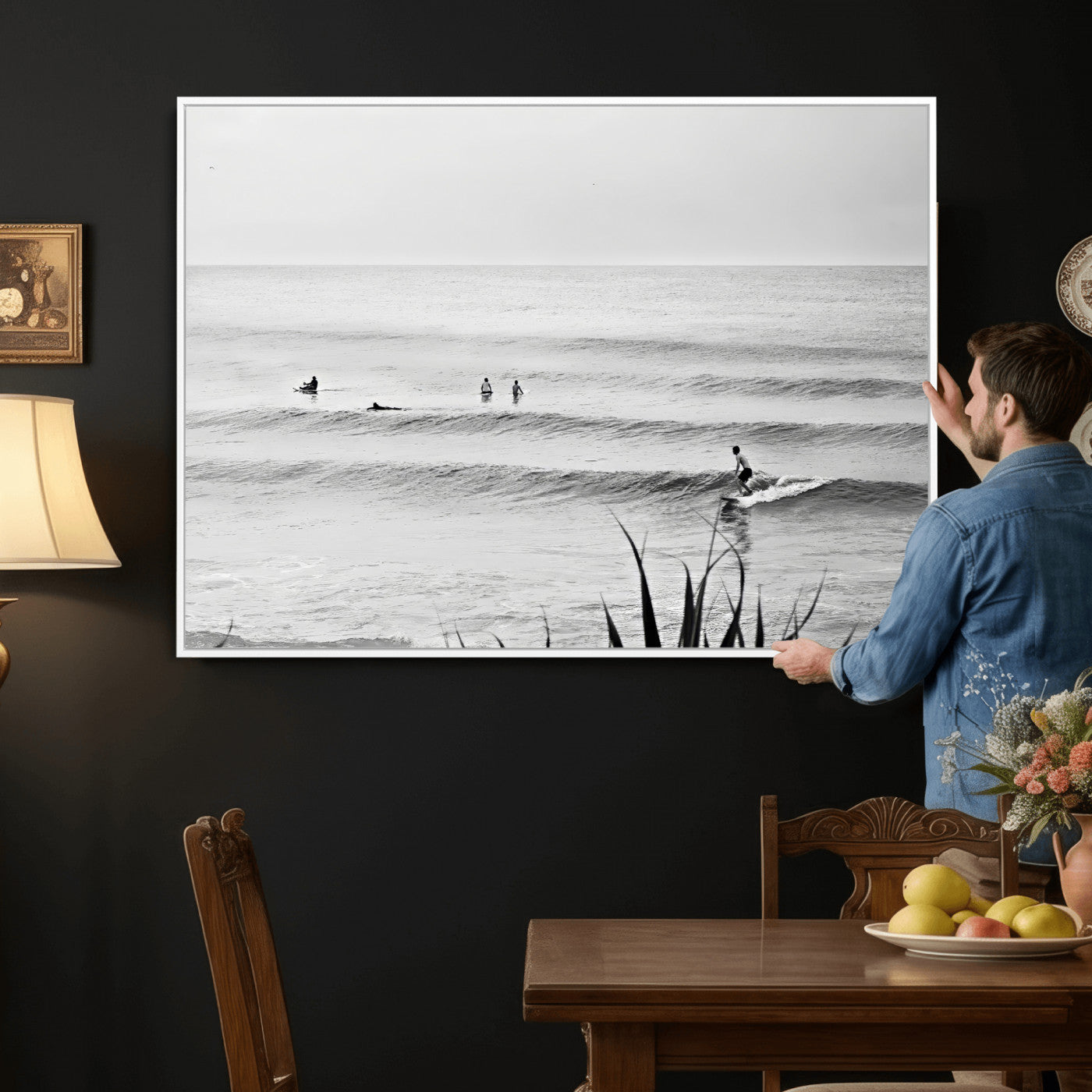 33821421-MGV-CV-36X24 - Surfer Silhouette Wall Art Canvas Print, Framed Calm Ocean Art Picture Print, Monochrome Surf Minimalist Coastal Decor Artwor