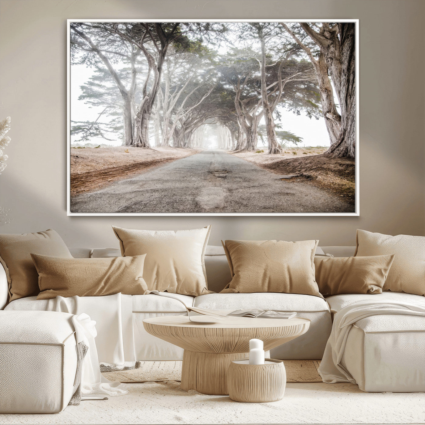 87090469-MGV-CV-36X24-Cypress Tunnel Wall Art – Framed Misty Road Canvas Artwork, Foggy Trees Design, Rustic Woodland Nature Decor for Home, Office