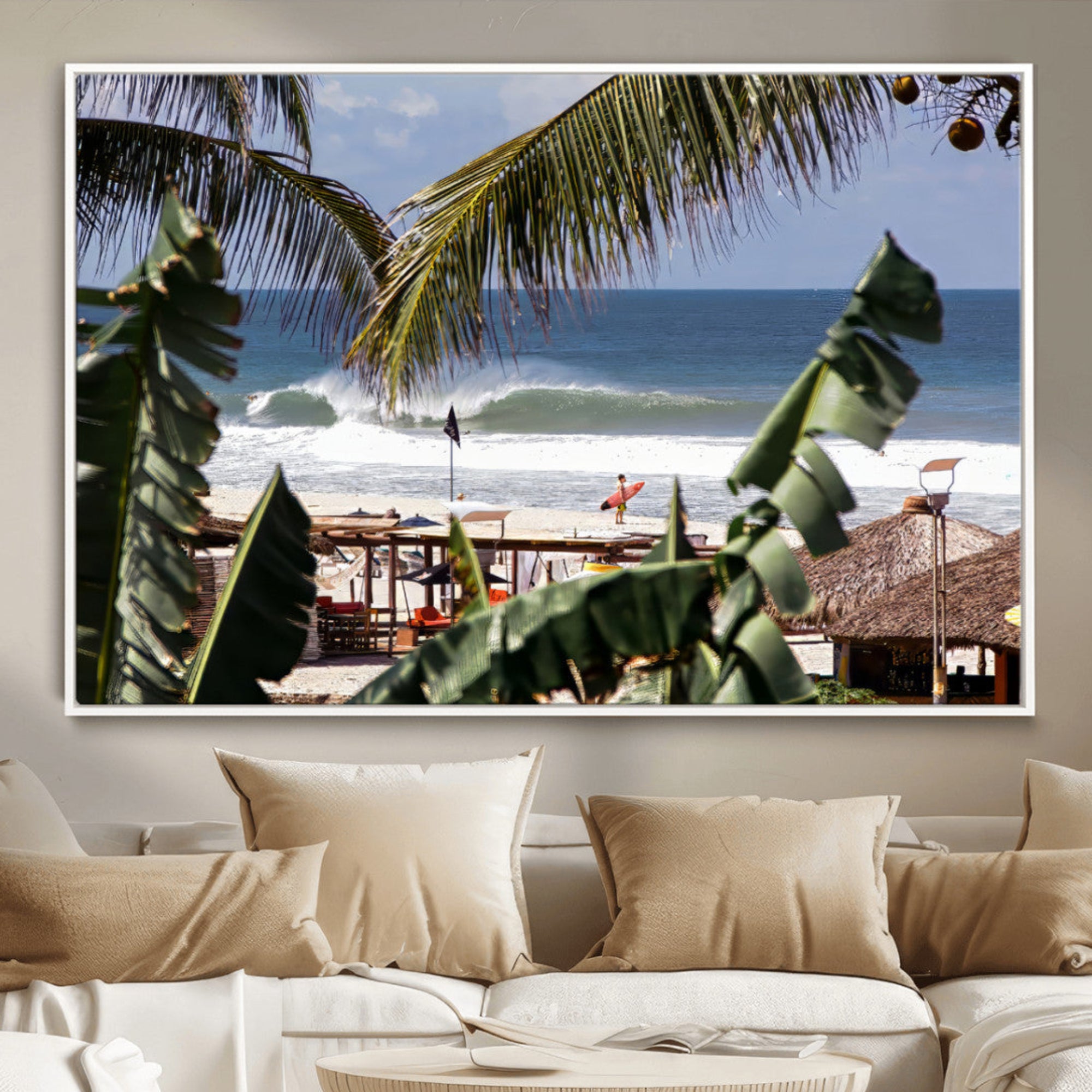 87750525-MGV-CV-36X24-Tropical Shoreline Wall Art Canvas Print – Framed Surfer Beach Art Picture Coastal Surf Artwork for Home, Office, Living Room