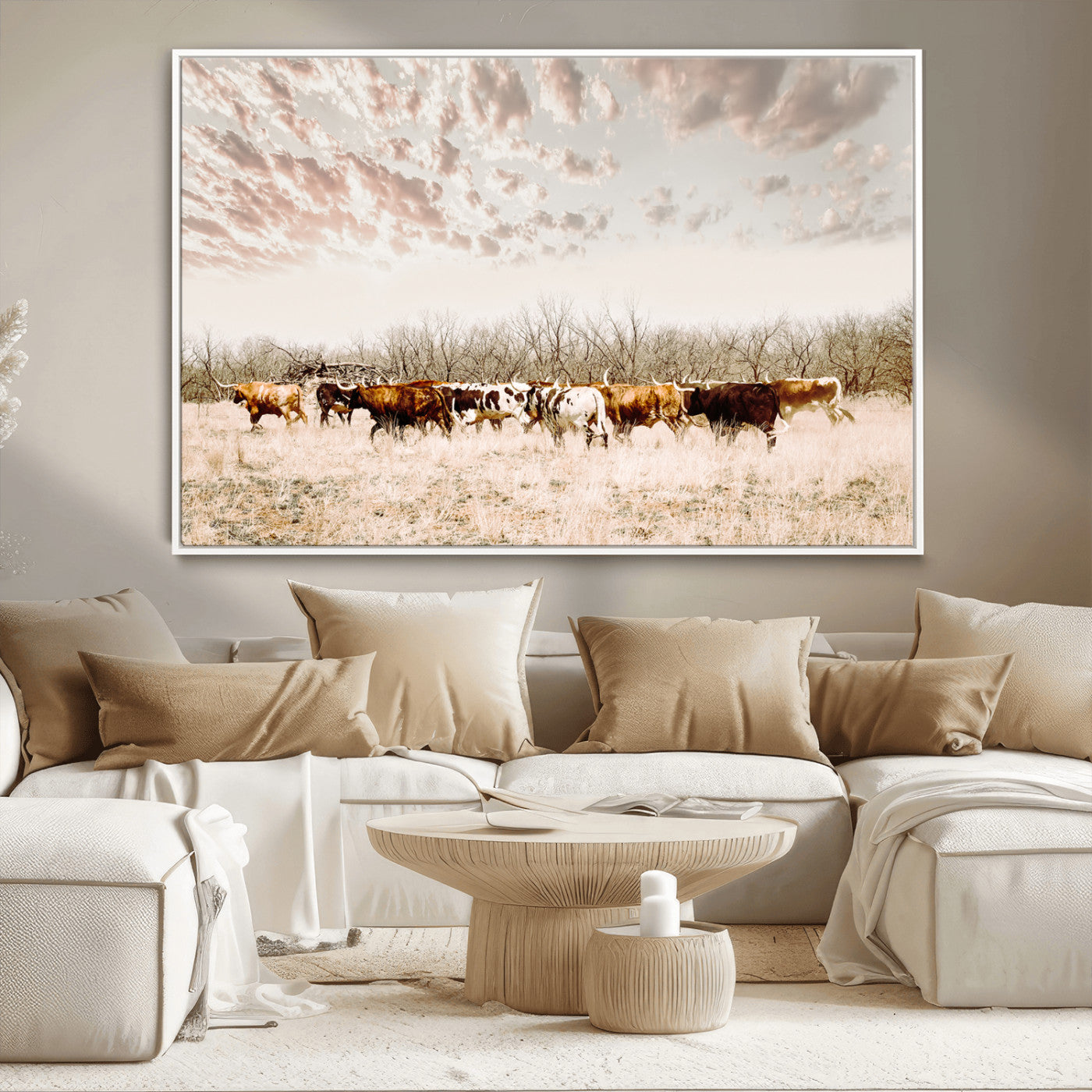 64892775-MGV-CV-36X24 - Longhorn Cattle Wall Art Canvas Print, Framed Texas Ranch Art Picture Print, Western Cow Perfect Western Decor Artwork