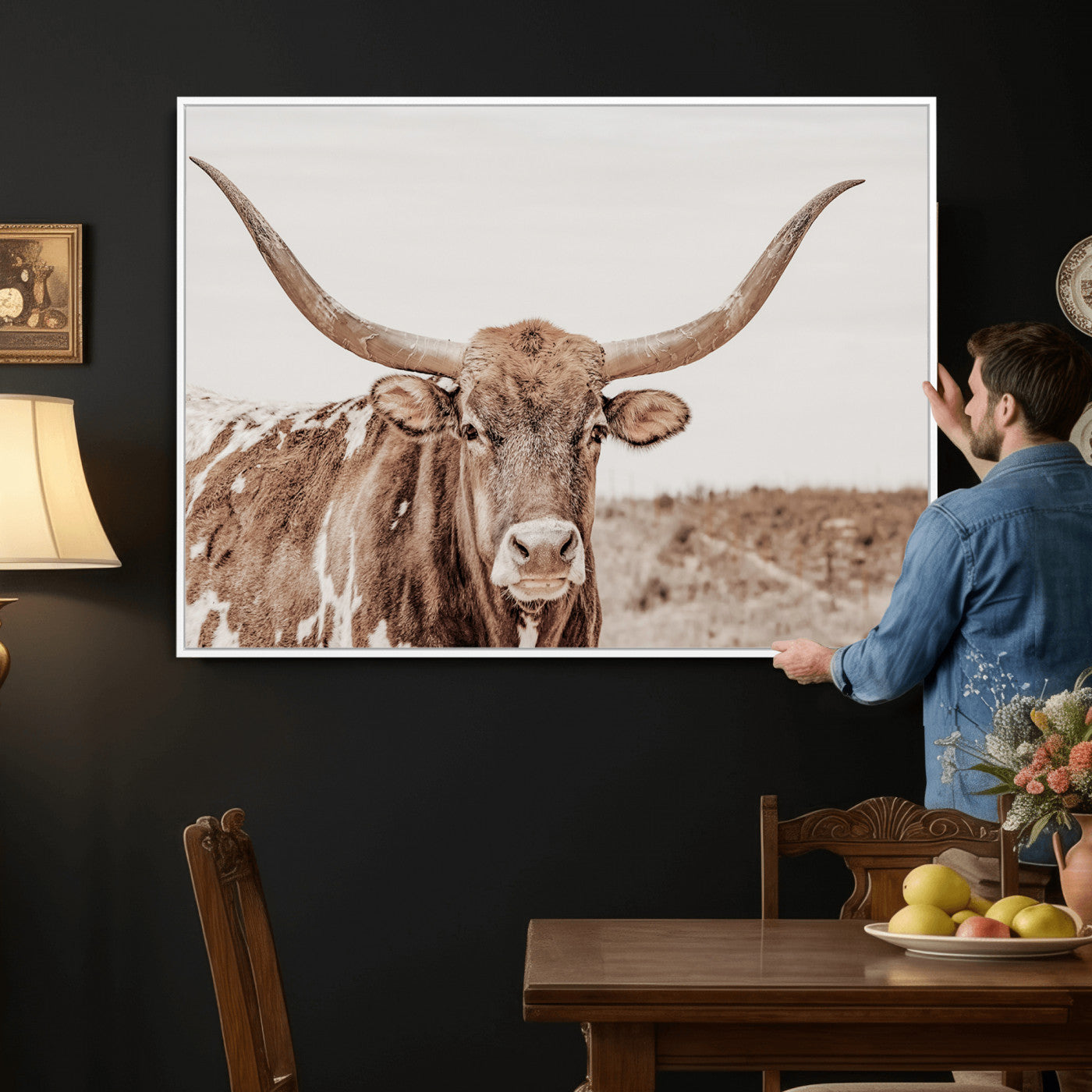 39964150-MGV-CV-36X24 - Longhorn Cow Wall Art Canvas Print, Texas Ranch Print, Framed Western Bull Art Print, Large BigHorn Cowboy Printing Perfect for County Decor