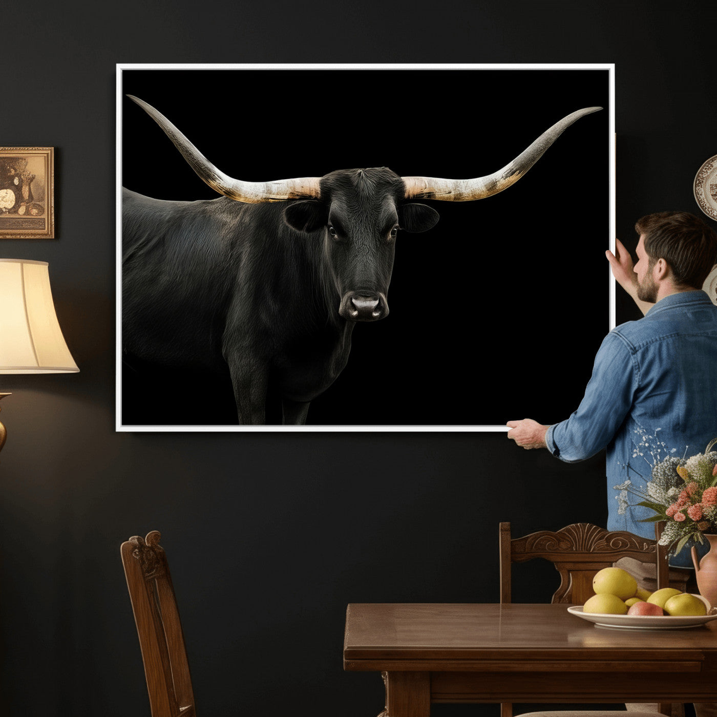 99448328-MGV-CV-36X24 - Longhorn Cattle Wall Art Canvas Print, Framed Texas Black Bull Art Picture Print, Western Cow Perfect Farmhouse Decor Artwork