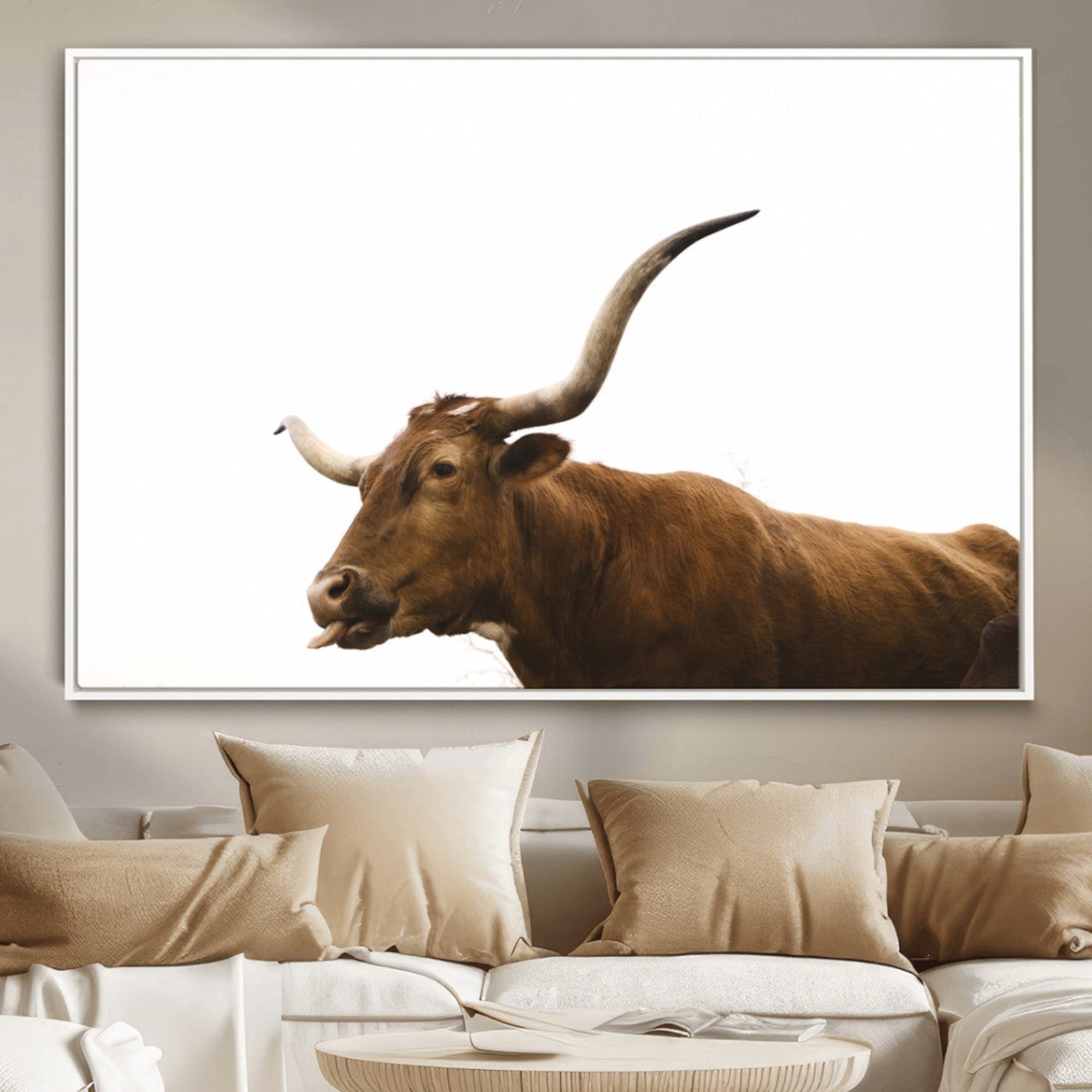 Minimal photo of a longhorn cow with white background, ideal for rustic, western or farmhouse-style interior decor.