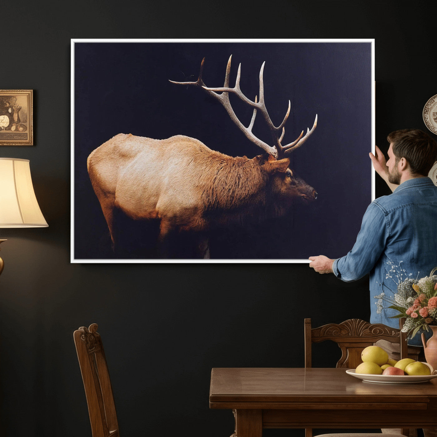 89239257-MGV-CV-36X24 - Rustic Elk Wall Art Canvas Print – Framed Moody Wildlife Art Picture Western Animal Artwork for Home, Office Decor