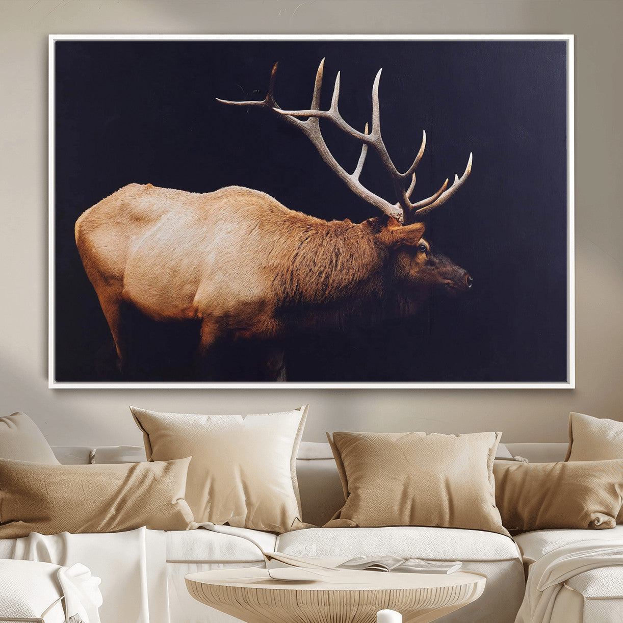 89239257-MGV-FC-36X24 - Rustic Elk Wall Art Canvas Print – Framed Moody Wildlife Art Picture Western Animal Artwork for Home, Office