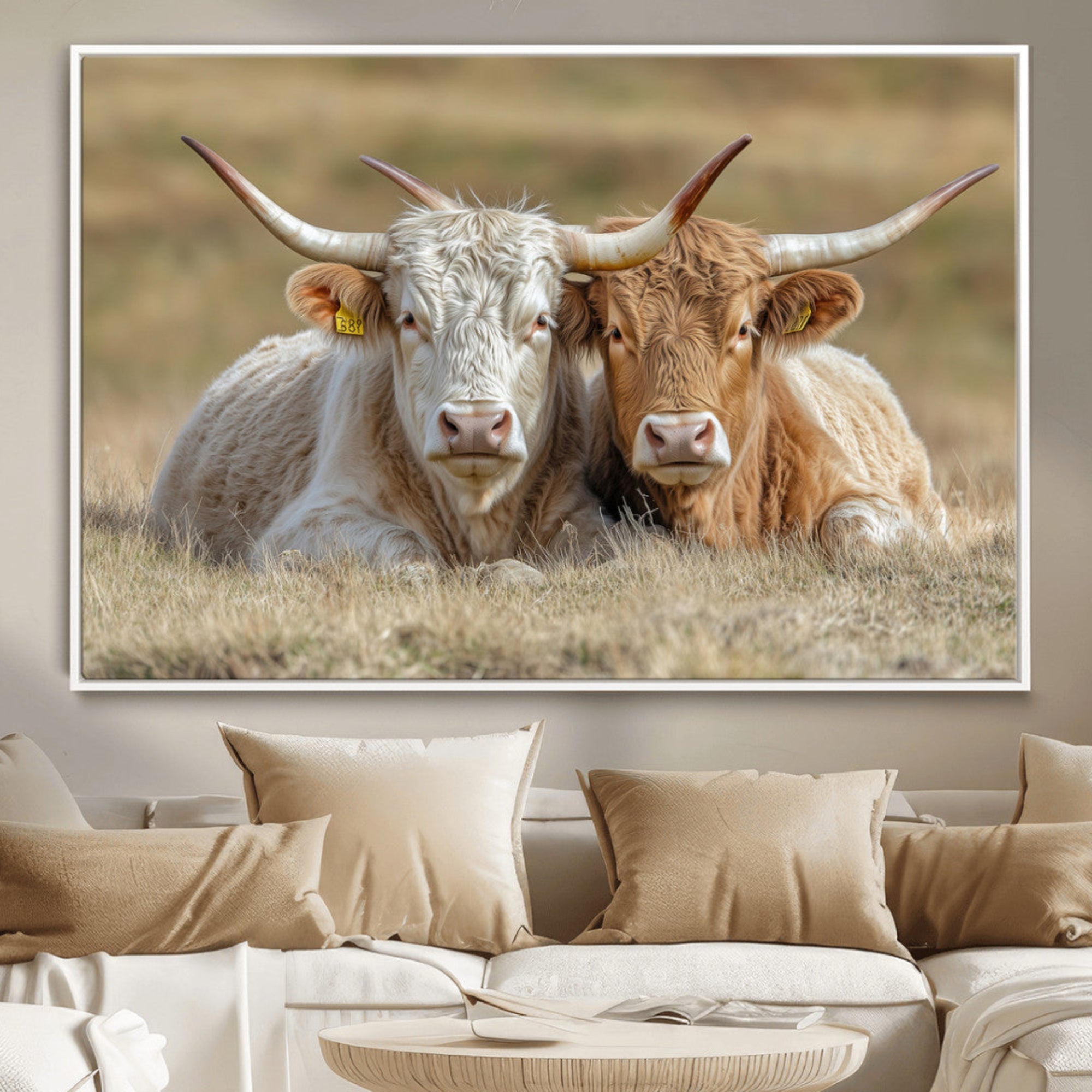 Two cows laying closely in a dry grassy field, captured in soft light, perfect for rustic farmhouse or western style home decor.