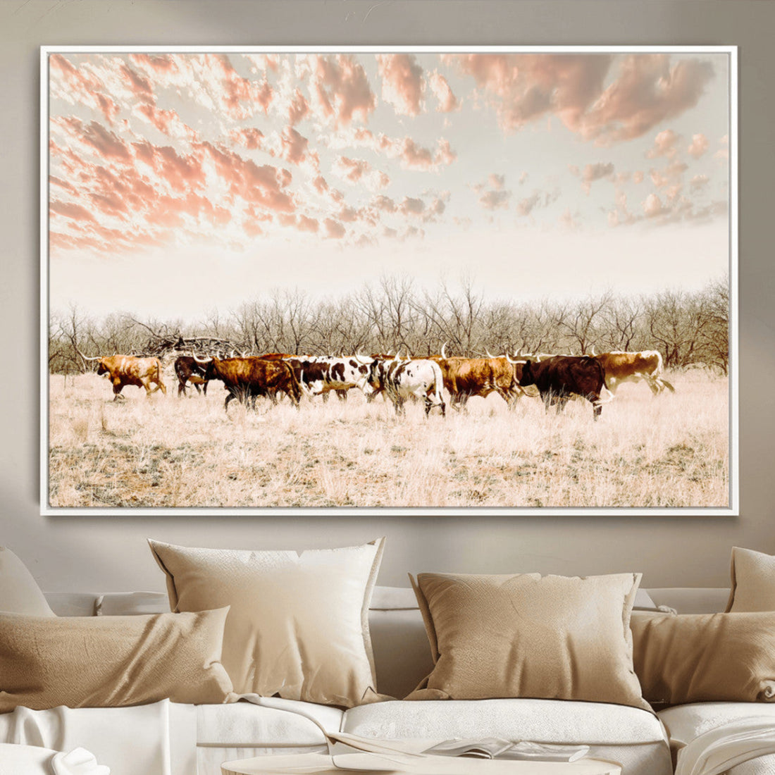 Country Cow Herd Wall Art Canvas Print, Framed Farmhouse Cattle Scene, Rustic Ranch Decor