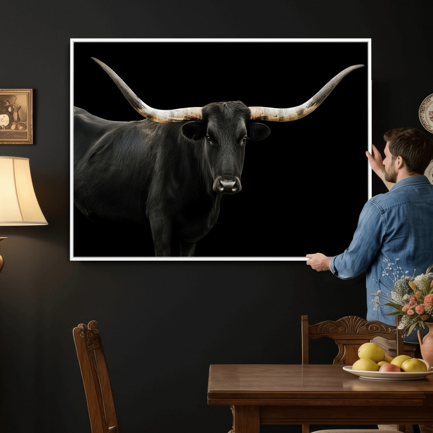 23572907-MGV-CV-36X24 - Texas Longhorn Wall Art Canvas Print, Framed Rustic Western Art Picture Print, Farmhouse Animal Perfect Modern Western Minimalist Decor Artwork