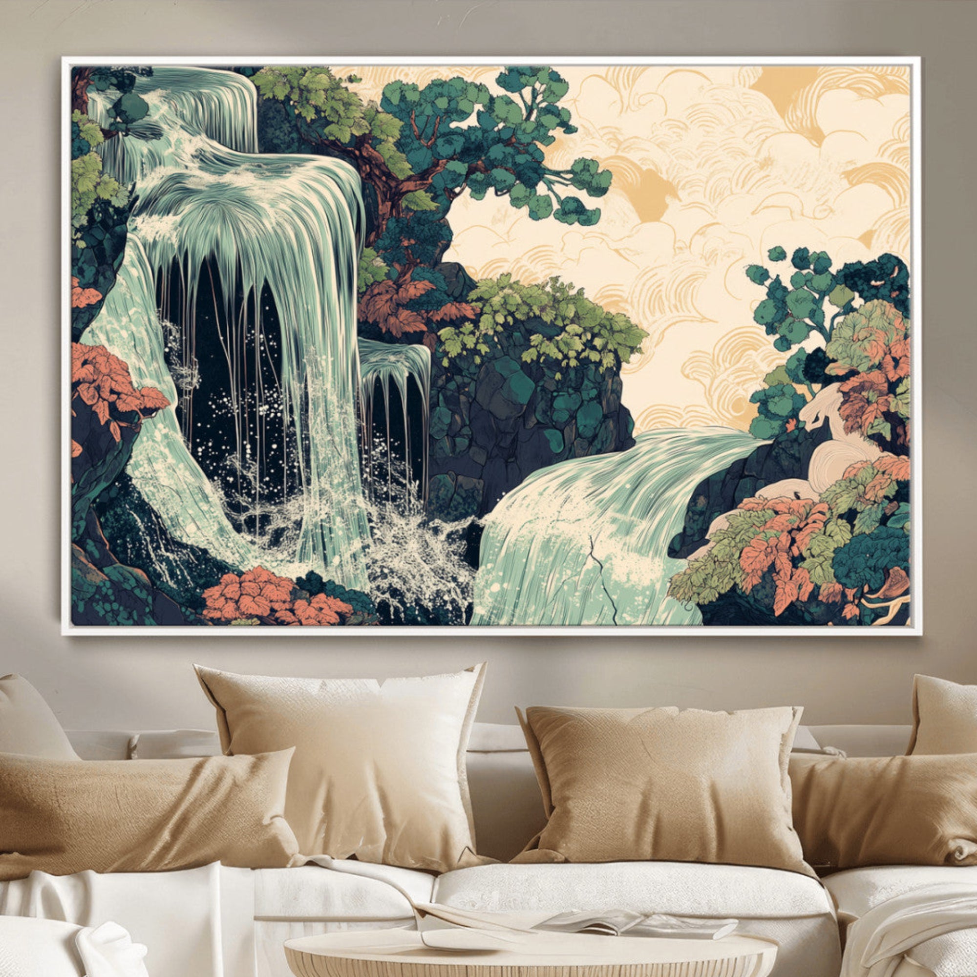Stylized waterfall flowing through rocky terrain and lush foliage in an oriental art style, ideal for peaceful and nature-themed interiors.