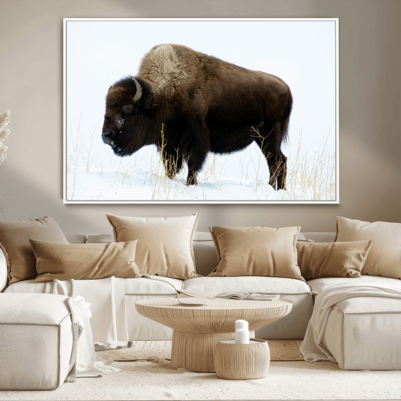 -Bison Wall Art Canvas Print – Framed Western Wildlife Buffalo Snow Rustic Nature Scene Artwork for Home Office