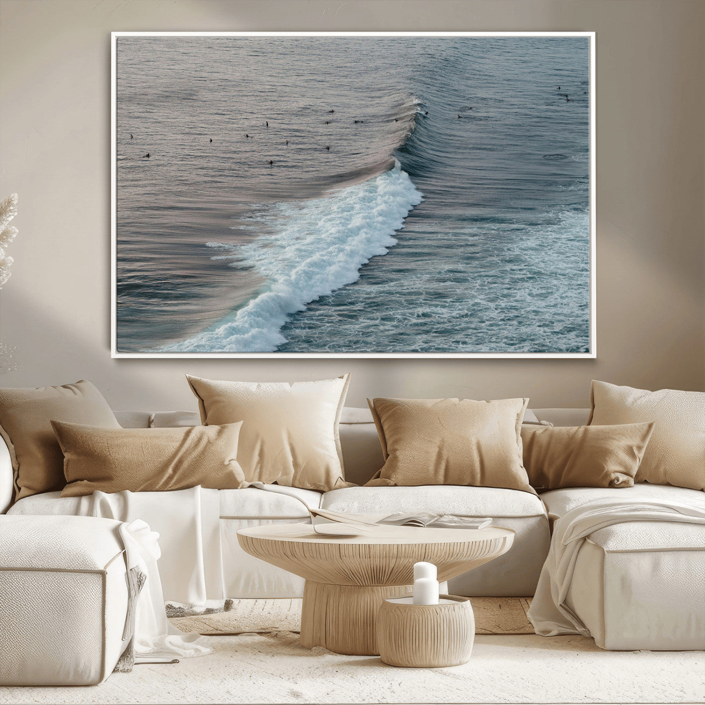 23077324-MGV-FC-36X24_White-Ocean Waves Wall Art Canvas Print – Framed Coastal Serenity Surf Nature Scene Artwork for Home Office