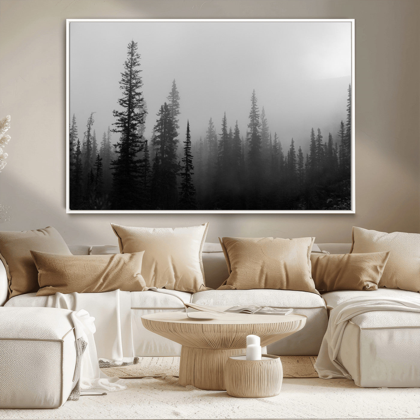 73138900-MGV-CV-36X24-Misty Pines Wall Art Canvas Print – Framed Woodland Minimalist Rustic Nature Scene Photography Artwork for Home Office