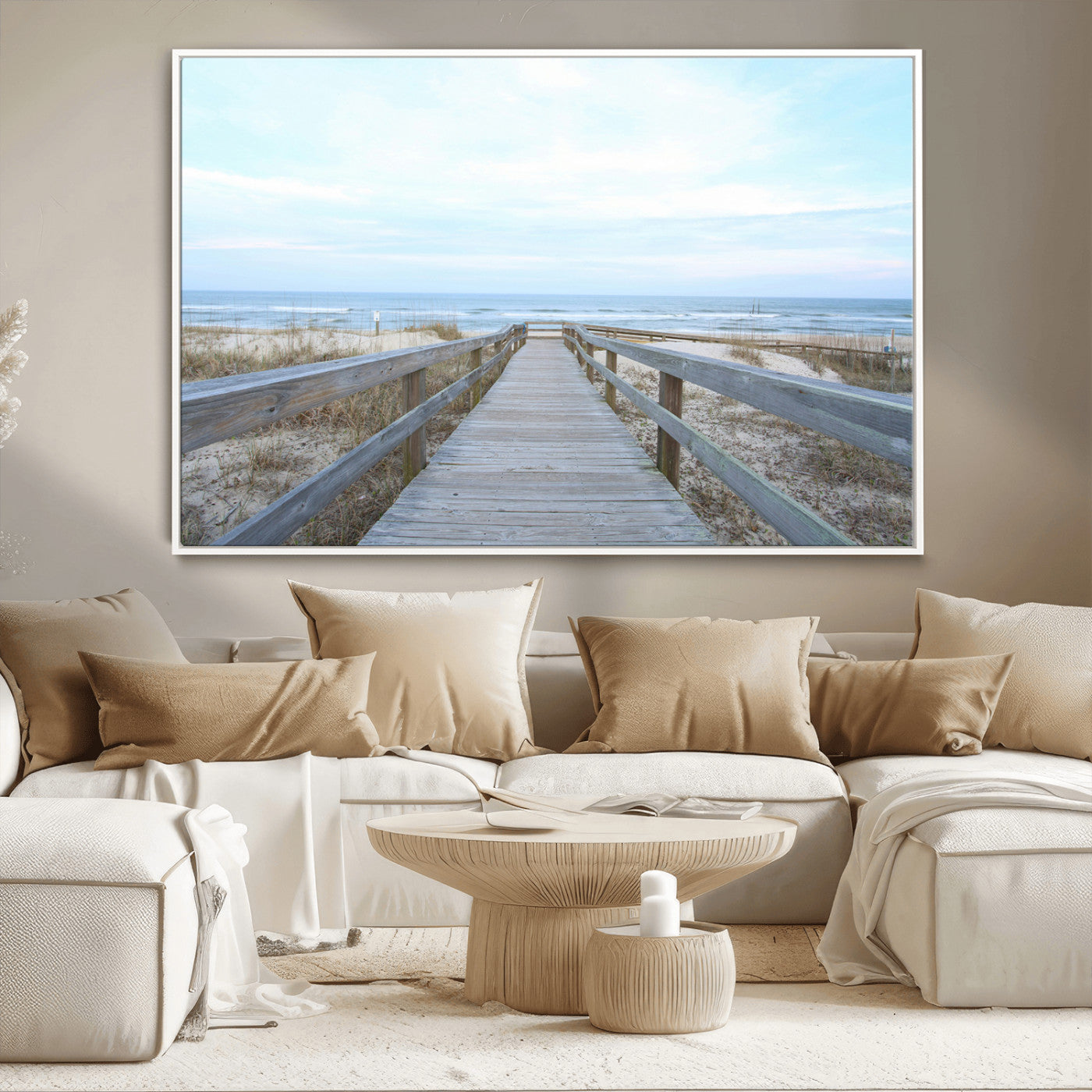 Wooden boardwalk leading to a peaceful beach with gentle ocean waves under a soft pastel sky, perfect for coastal and nautical home decor.