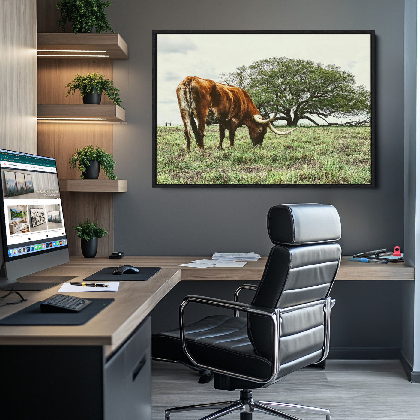 -Texas Longhorn Wall Art Canvas Print – Rustic Western Ranch Scene Cattle Country Farmhouse Artwork for Home Office