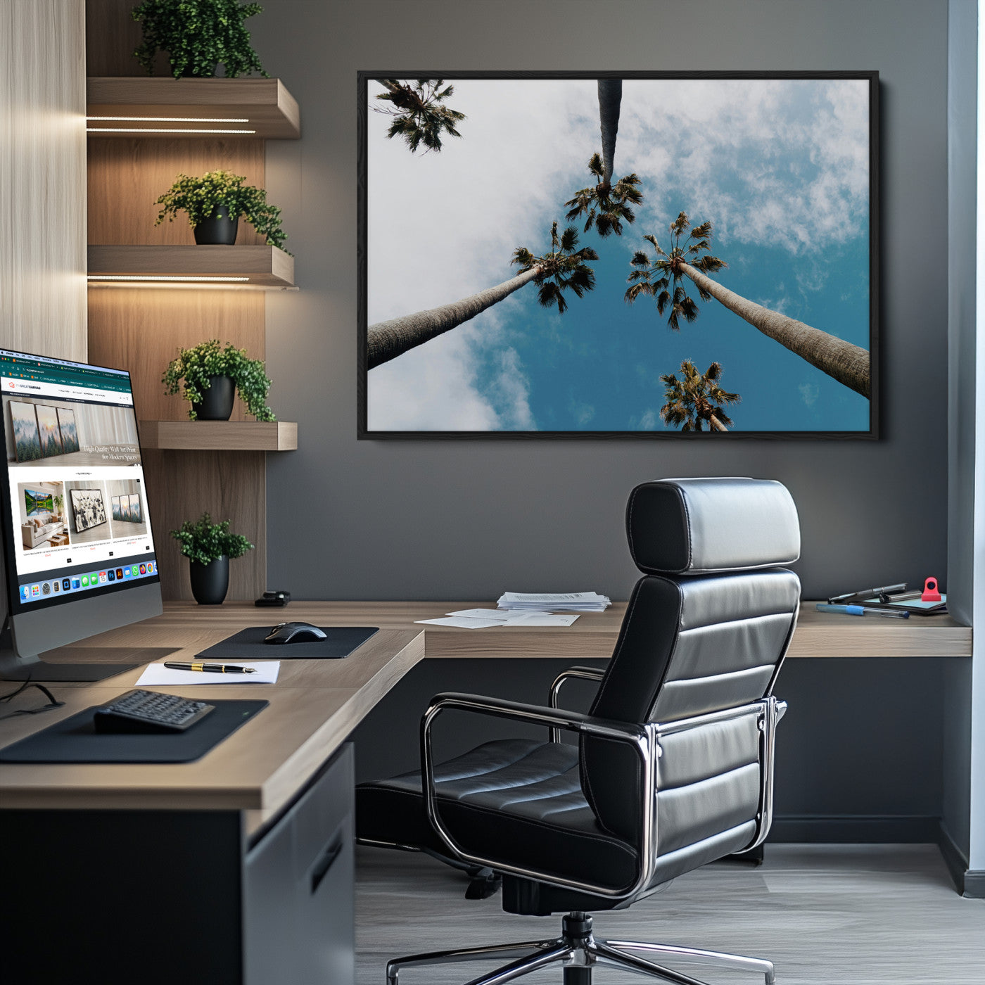 45236398-MGV-CV-36X24-Tropical Palm Trees Wall Art Canvas Print – Framed California Sky Minimalist Nature Scene Artwork for Home Office