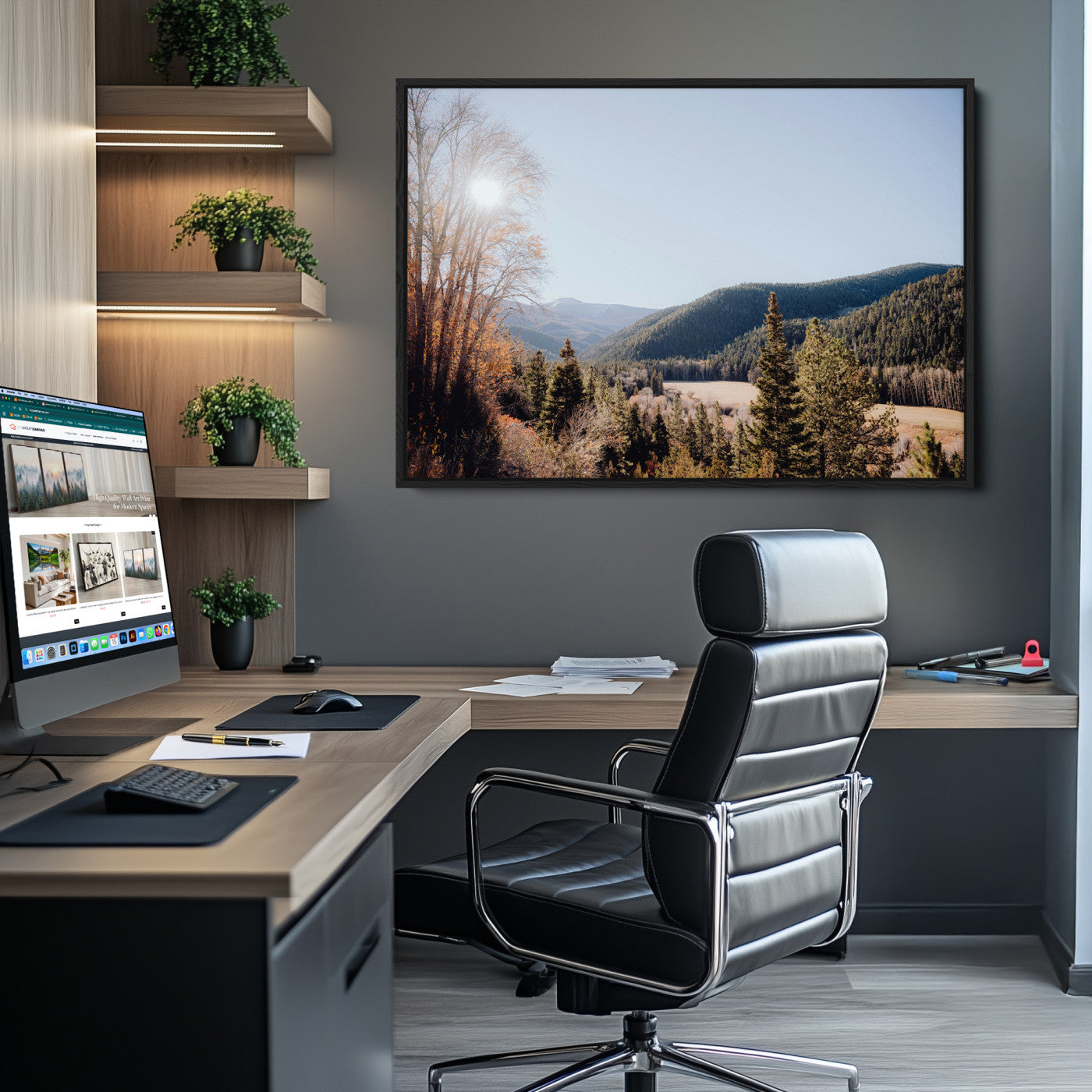 -Rustic Landscape Wall Art Canvas Print – Serene Valley Scene Pine Tree Horizon Nature Artwork for Home Office