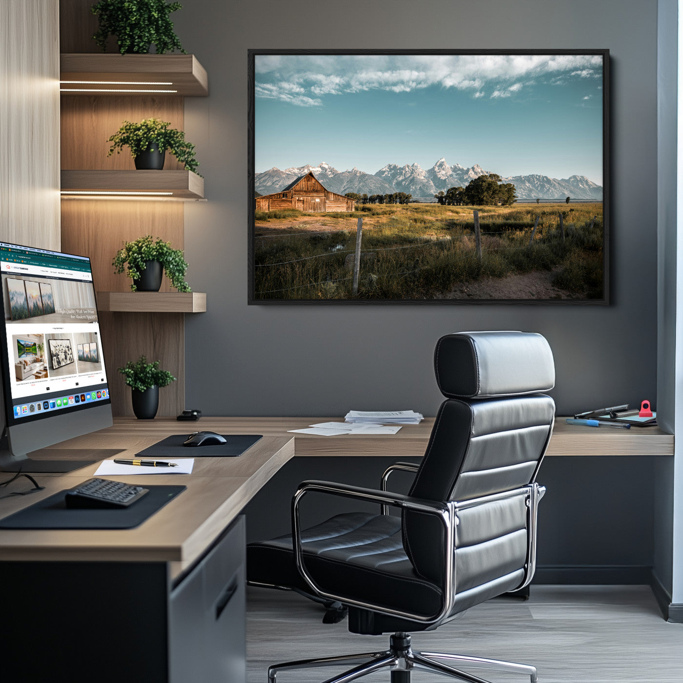 -Rustic Farmhouse Wall Art Canvas Print – Framed Mountain Cabin Western Landscape Scene Artwork for Home Office