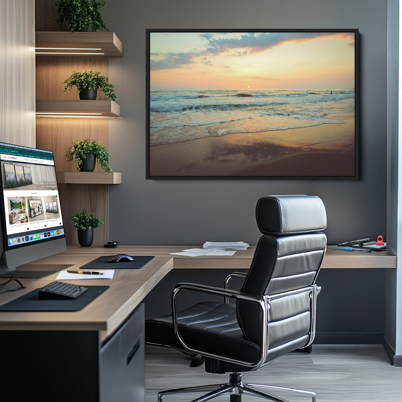 -Sunset Seascape Wall Art Canvas Print – Framed Pastel Ocean View Tranquil Beach Scene Nature Artwork for Home Office