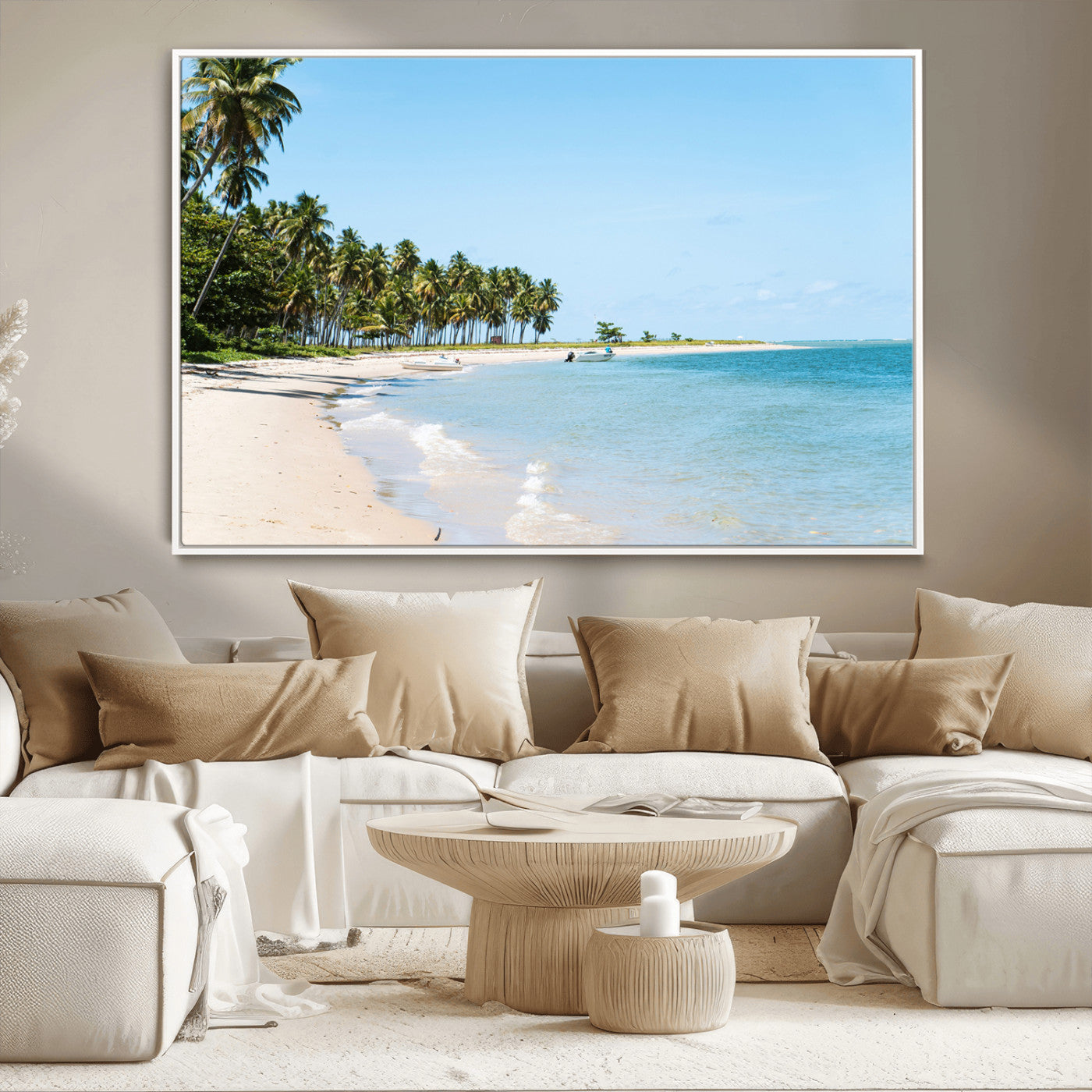 A serene tropical beach with clear blue water, soft sand, and lush palm trees under a bright sky, creating a peaceful island paradise atmosphere.