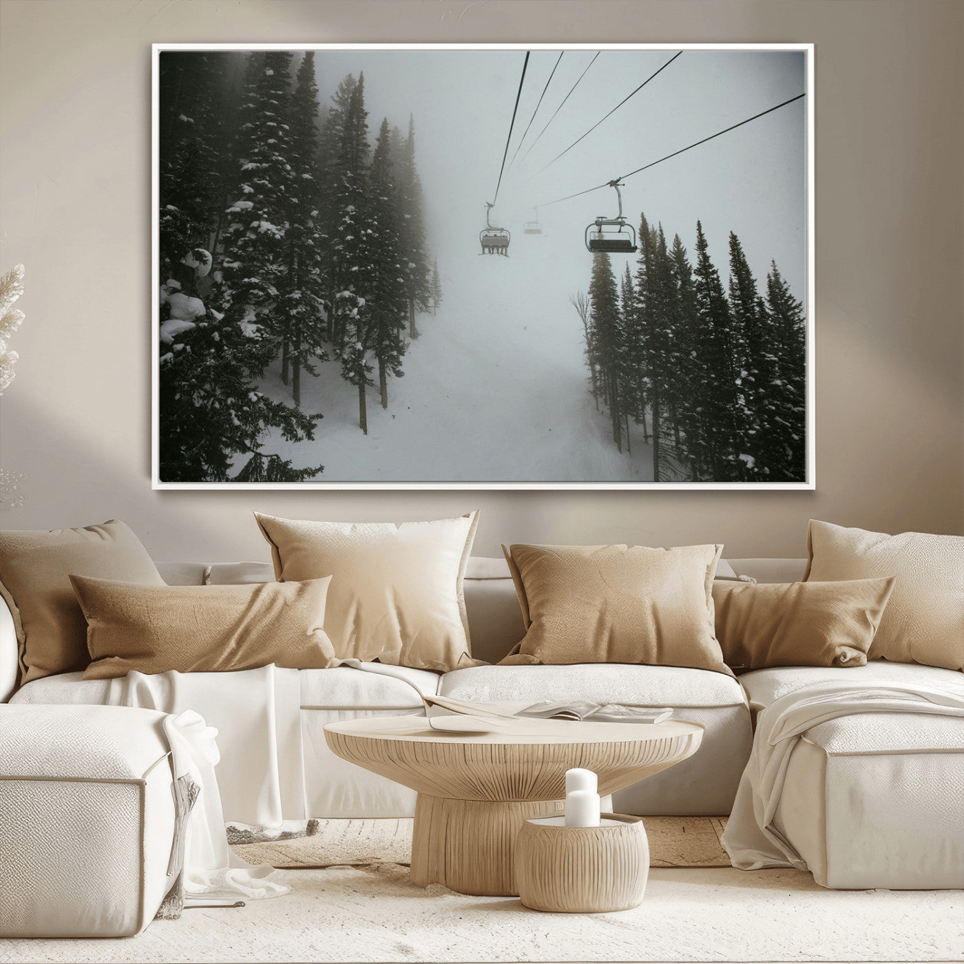 87018452-MGV-CV-36X24-Ski Lift Wall Art Canvas Print – Snowy Pines Misty Landscape Winter Serenity Artwork for Home, Office Decor