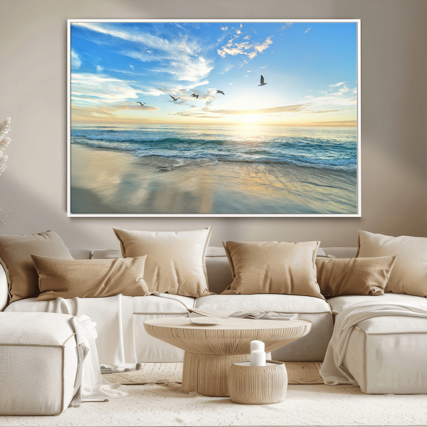 MGV-FC-36X24 - Minimalist Seaside Wall Art Canvas Print, Framed Morning Glow Art Picture Print, Golden Reflections Perfect Coastal Minimalist Decor Artwork