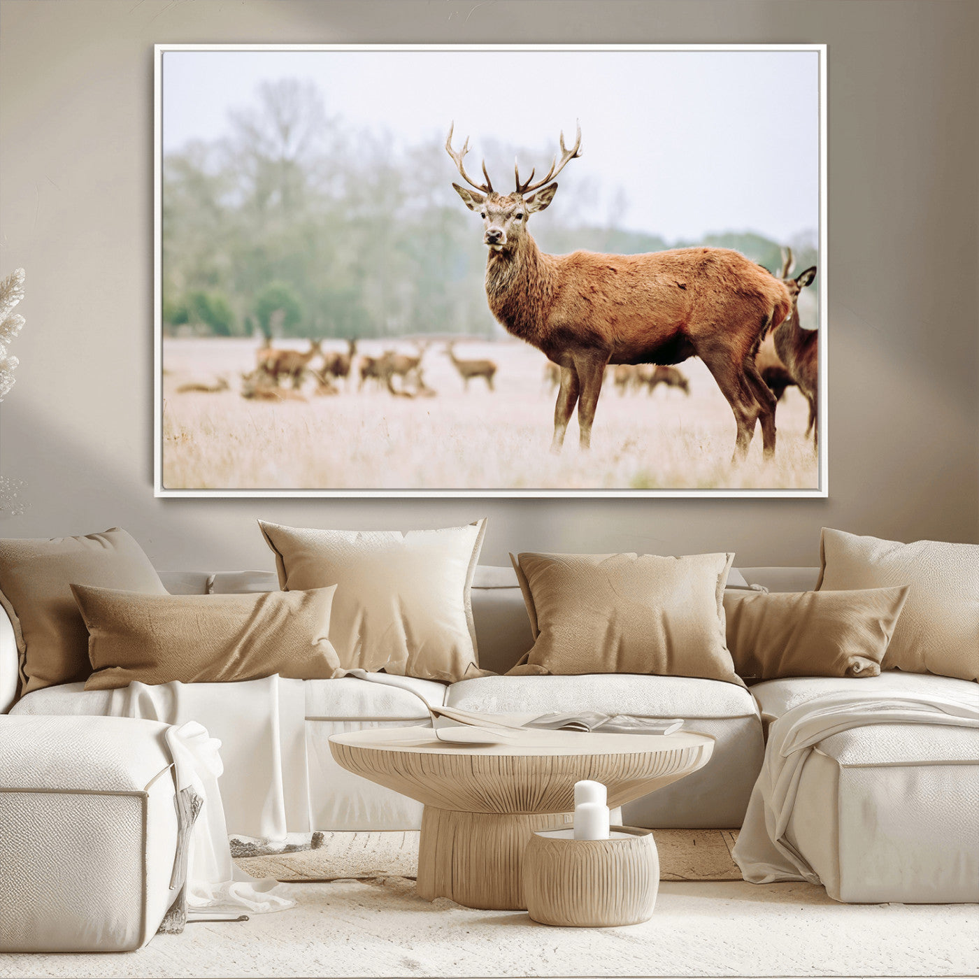 53240224-MGV-FC-36X24_White-Rustic Deer Wall Art Canvas Print – Forest Woodland Stag Nordic Animal Scenic Nature Artwork for Home, Cabin