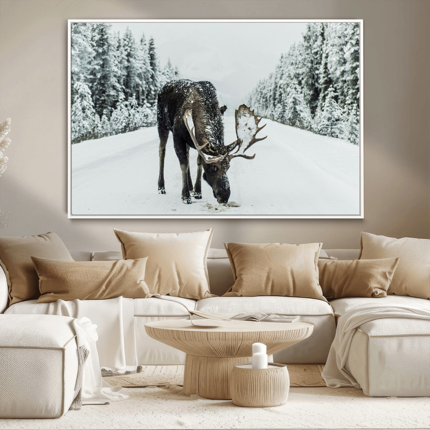 -Moose Snow Wall Art Canvas Print – Framed Winter Wildlife Snowy Forest Nature Scene Artwork for Home, Office, Living Room