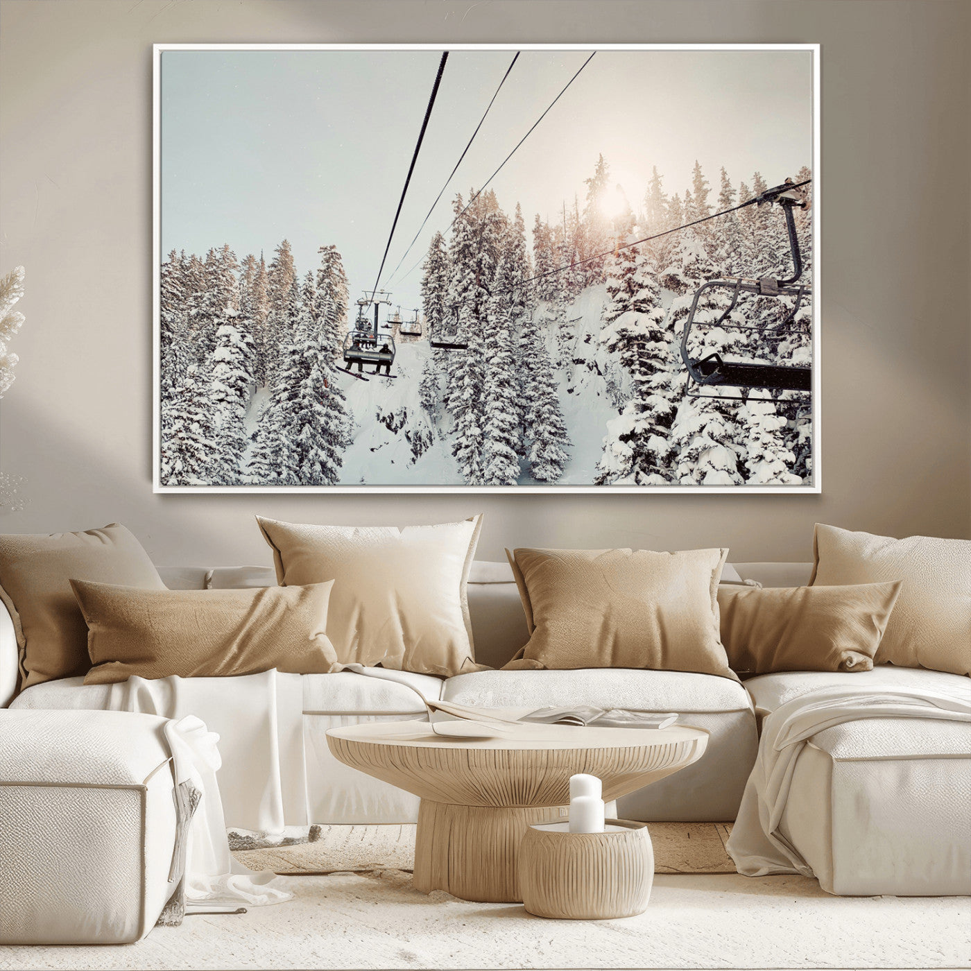 91534512-MGV-CV-36X24-Frosty Pines Wall Art Canvas Print – Framed Cozy Cabin Ski Lift Ride Winter Scene Artwork for Home Office