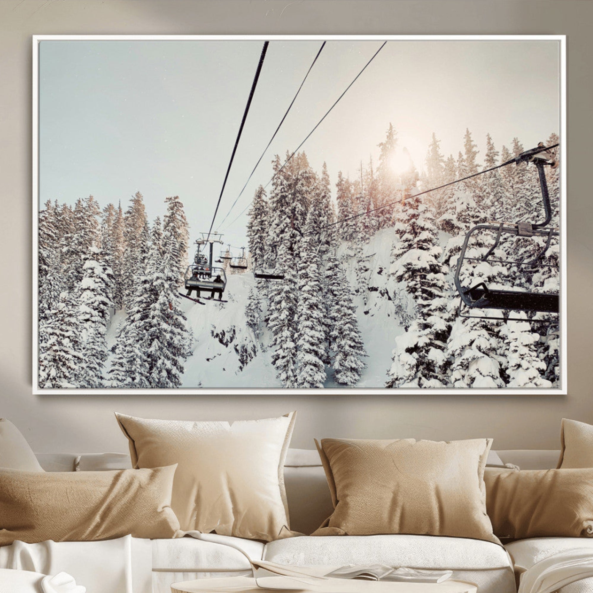 91534512-MGV-CV-36X24-Frosty Pines Wall Art Canvas Print – Framed Cozy Cabin Ski Lift Ride Winter Scene Artwork for Home Office