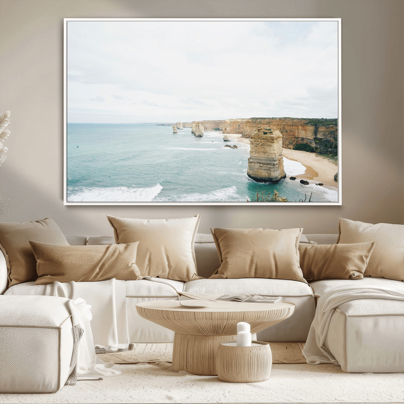 70095633-MGV-CV-36X24-Twelve Apostles Wall Art Canvas Print – Framed Coastal Cliffs Rugged Rock Formations Artwork for Home Office