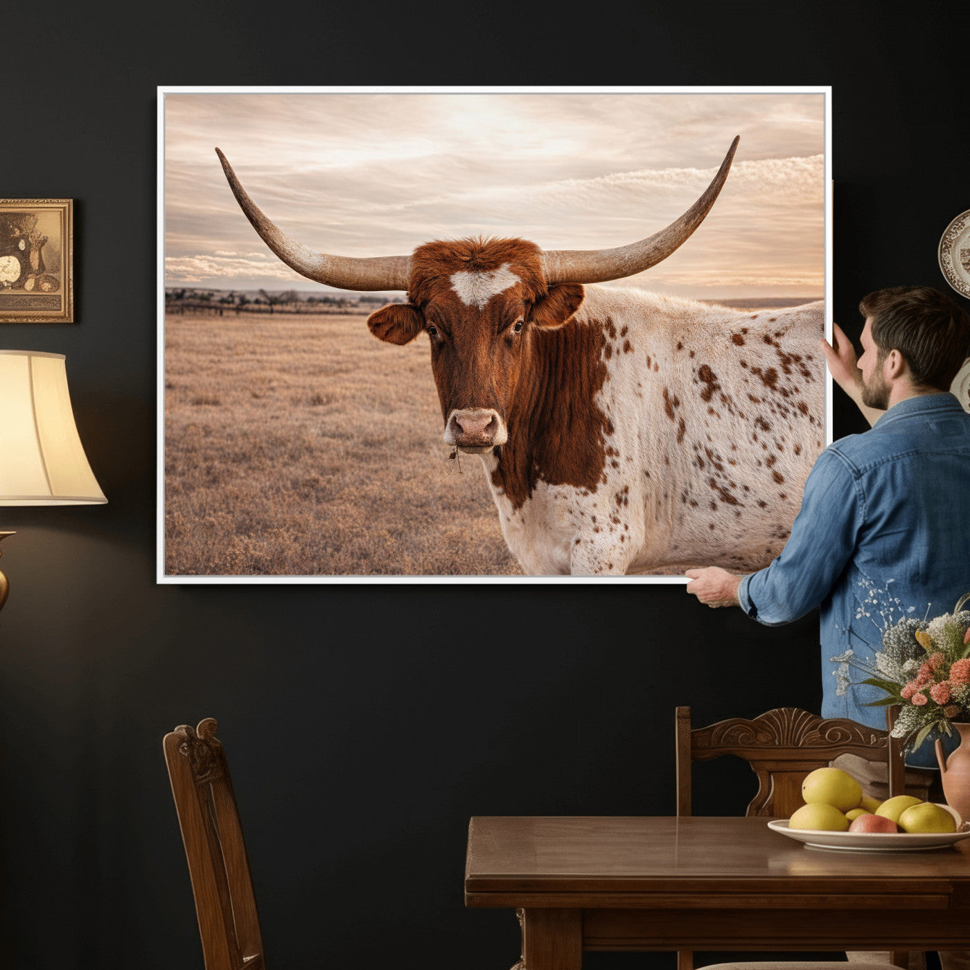95745718-MGV-CV-36X24 - Longhorn Cow Wall Art – Texas Bull Canvas Print, Rustic Farm Cattle Photography, Western Animal Decor for Country Home, Living Room or Game Room