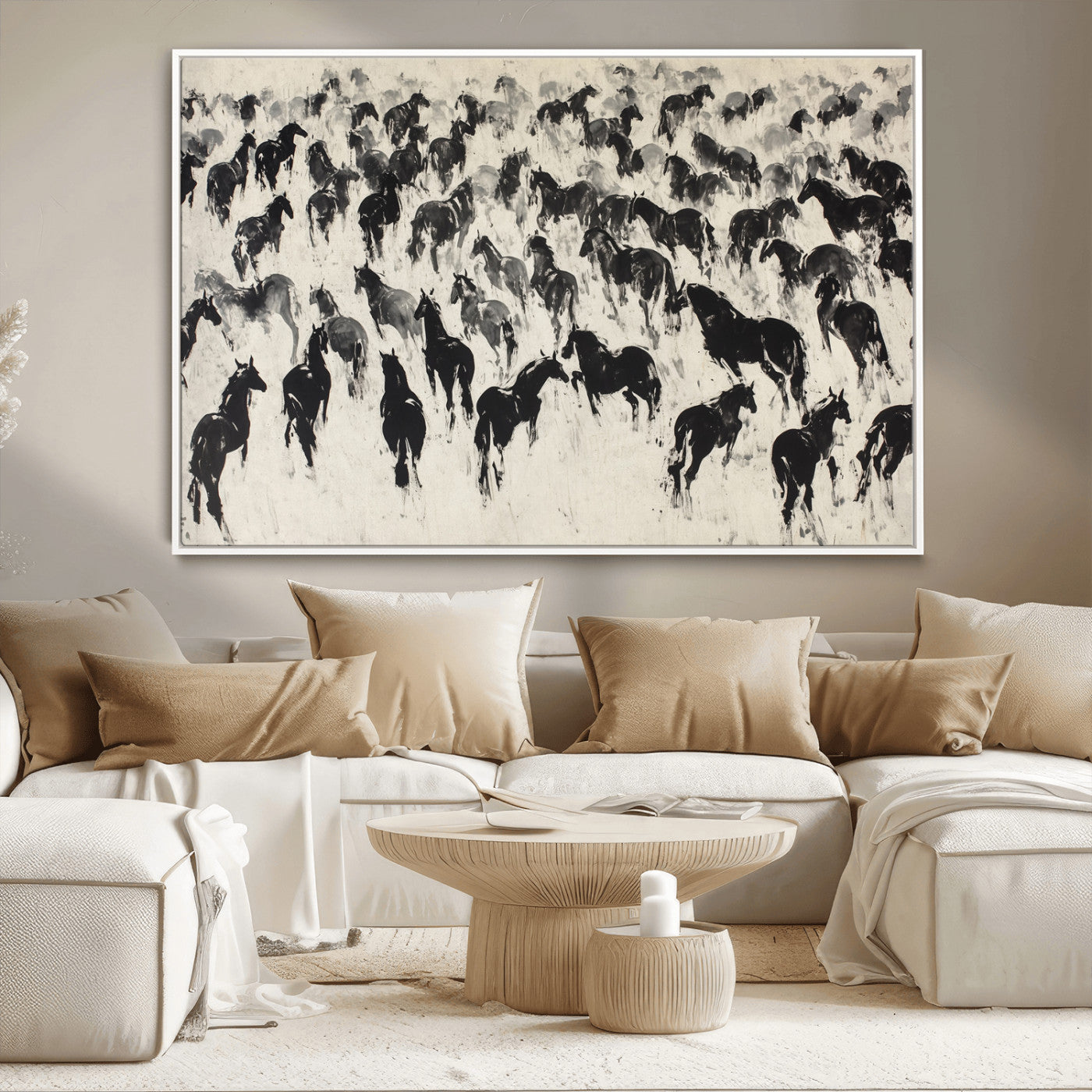 -Wild Horse Stampede Wall Art Canvas Print – Monochrome Running Horses Dynamic Motion Elegant Scene Artwork for Home, Office